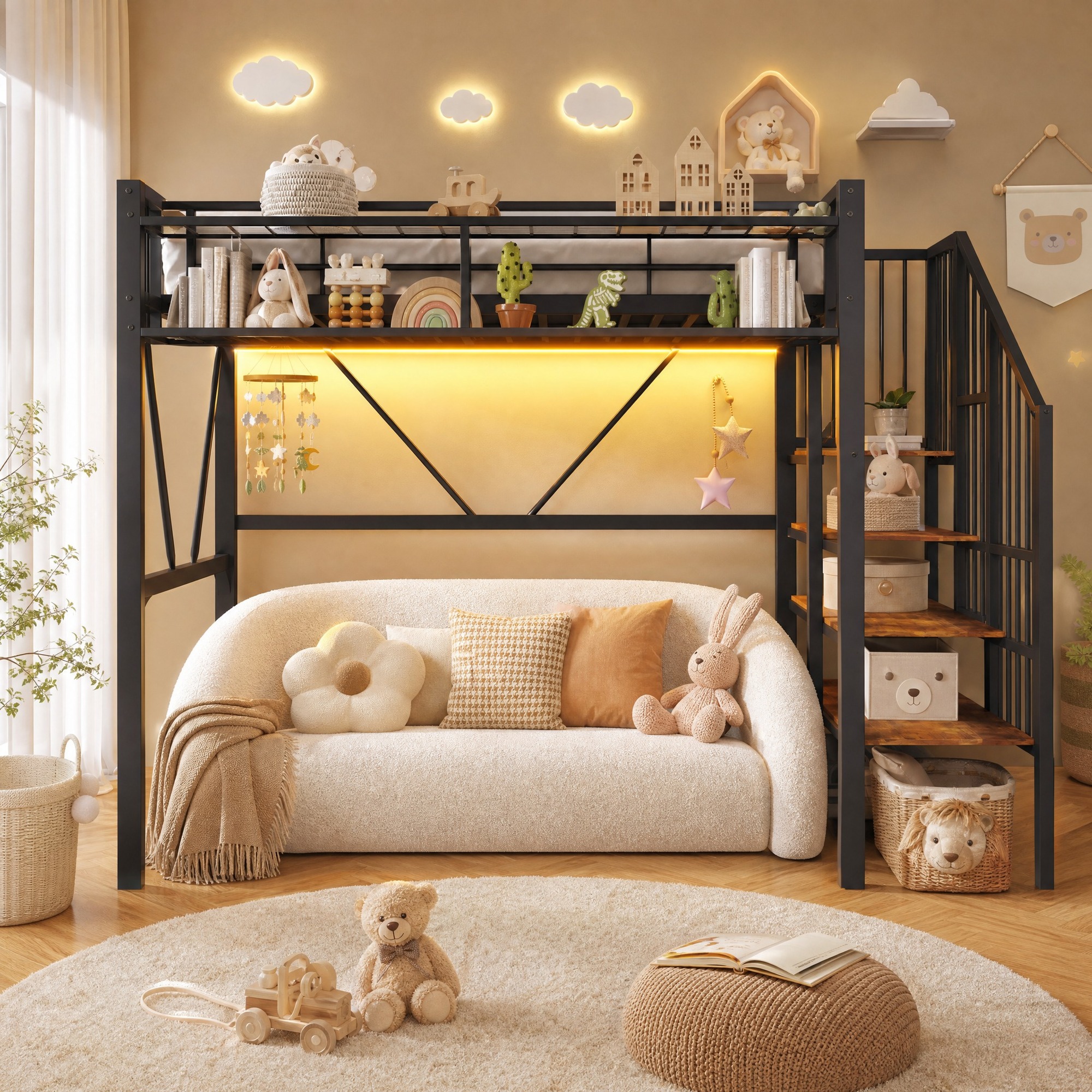 Lit Mezzanine En Métal Et Mdf 90 X 200 Cm, Étagères D'Escalier, Rangements Ouverts, Led, Noir