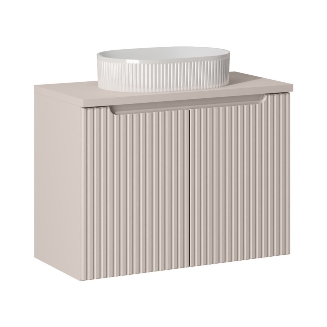 Ensemble Vano Cachemire Mat 80cm: Meuble Sous Vasque À Placards + Plan Pour Vasque + Vasque À Poser Rainurée Blanche