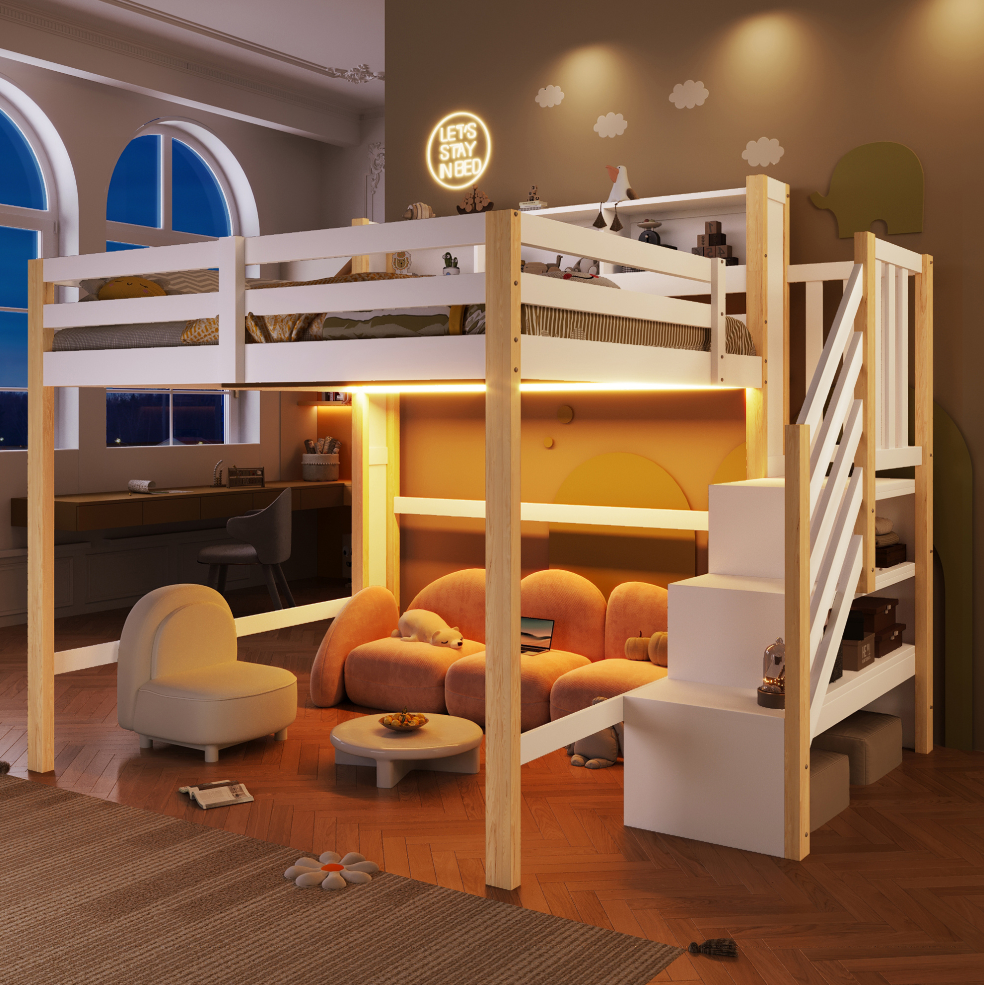 Lit Mezzanine 140x200 Cm Avec Led, Rangement Sous Le Lit Et Escalier, Blanc Et Naturel