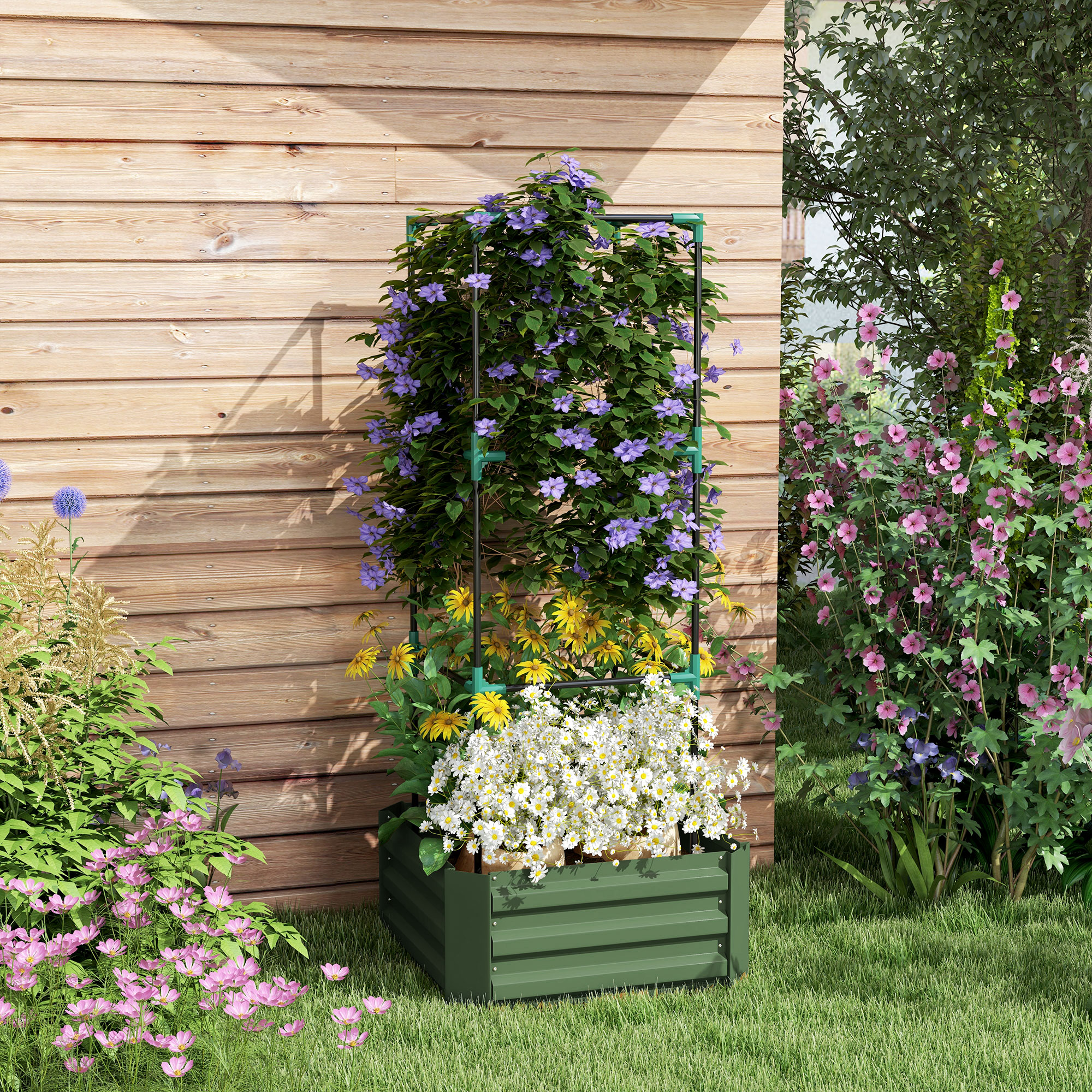 Redom Carré Potager 61x61x140 Cm, Avec Tuteur Réglable, Fond Ouvert, Acier Galvanisé Thermolaqué Vert