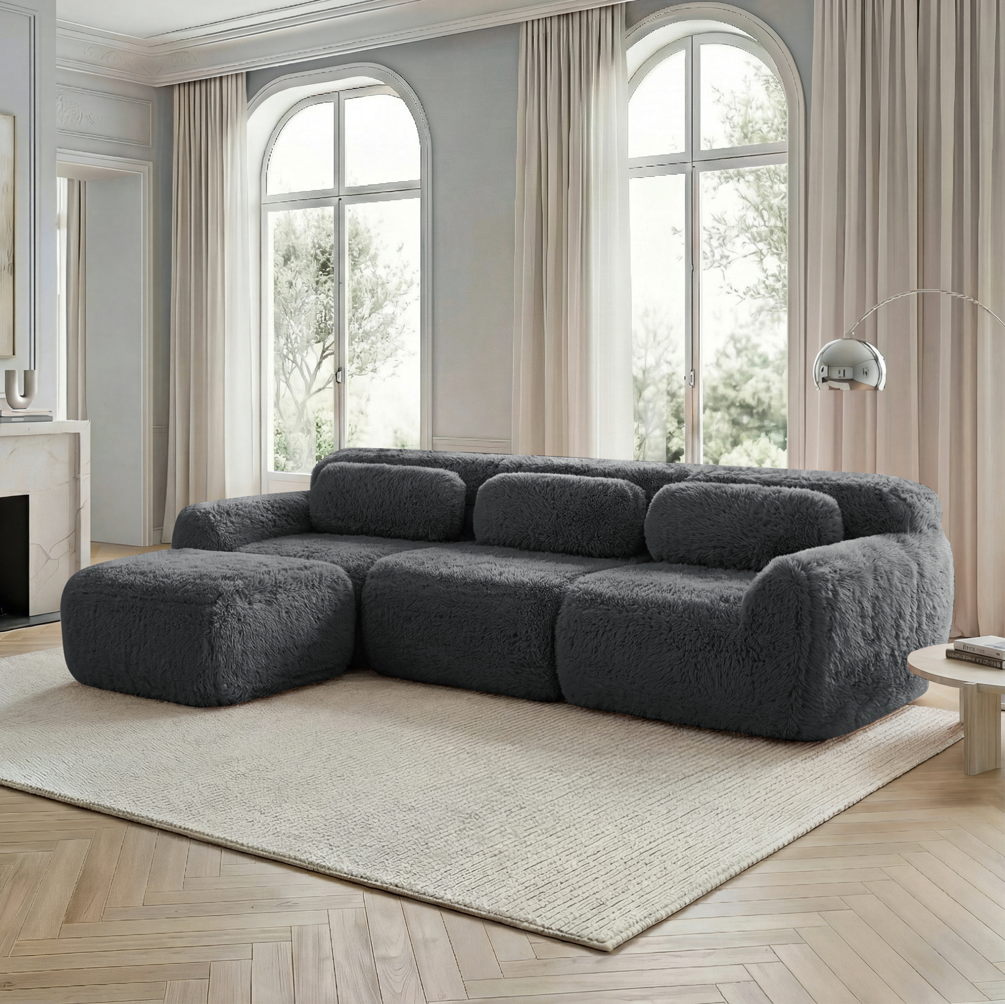 Redom - Canapé D'angle Modulaire En Tissu Peluche, Assise Profonde, Sans Montage, Avec Coussins, Gris