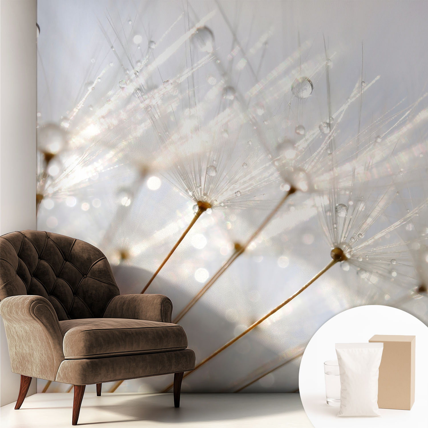 Papier Peint Intissé Mural Avec Imprimé Motifs Uniques Apparence Moderne - Colle Incluse Gratuite Pissenlit Couvert De Rosée 250x250 Cm