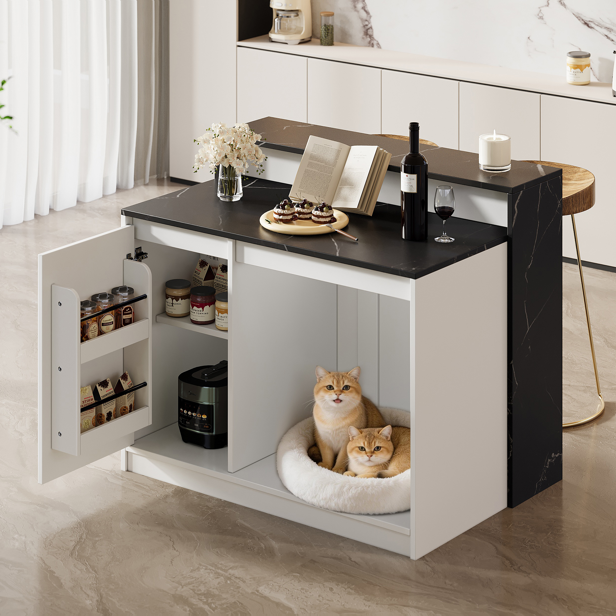 Redom Desserte De Cuisine, Table De Cuisine Et Bar, Espace De Repos Pour Animal, Mdf Et Mélamine, Noir Et Blanc