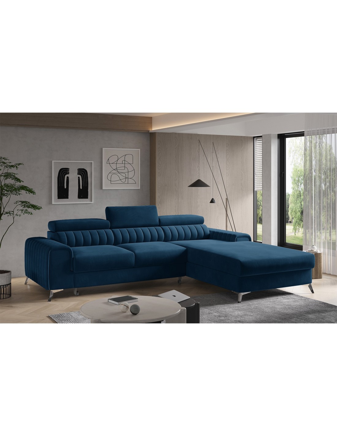 Canapé D'Angle Droit Bleu Foncé Convertible 3 Places Jayson Pour Salon Contemporain