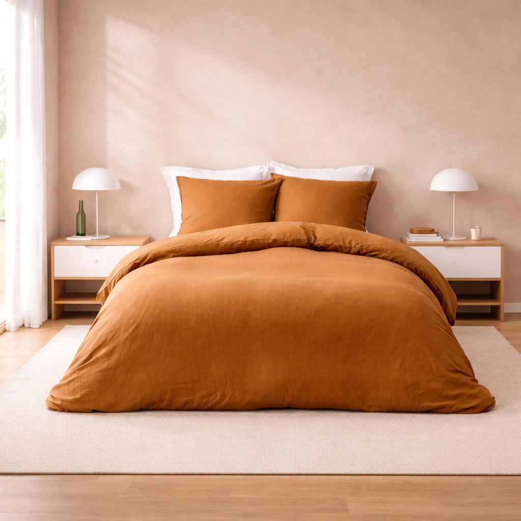 Parure De Lit 240 X 220 Cm - Coton Relief Uni Clarabel - Texture Structurée - 2 Taies 63 X 63 Cm - Caramel