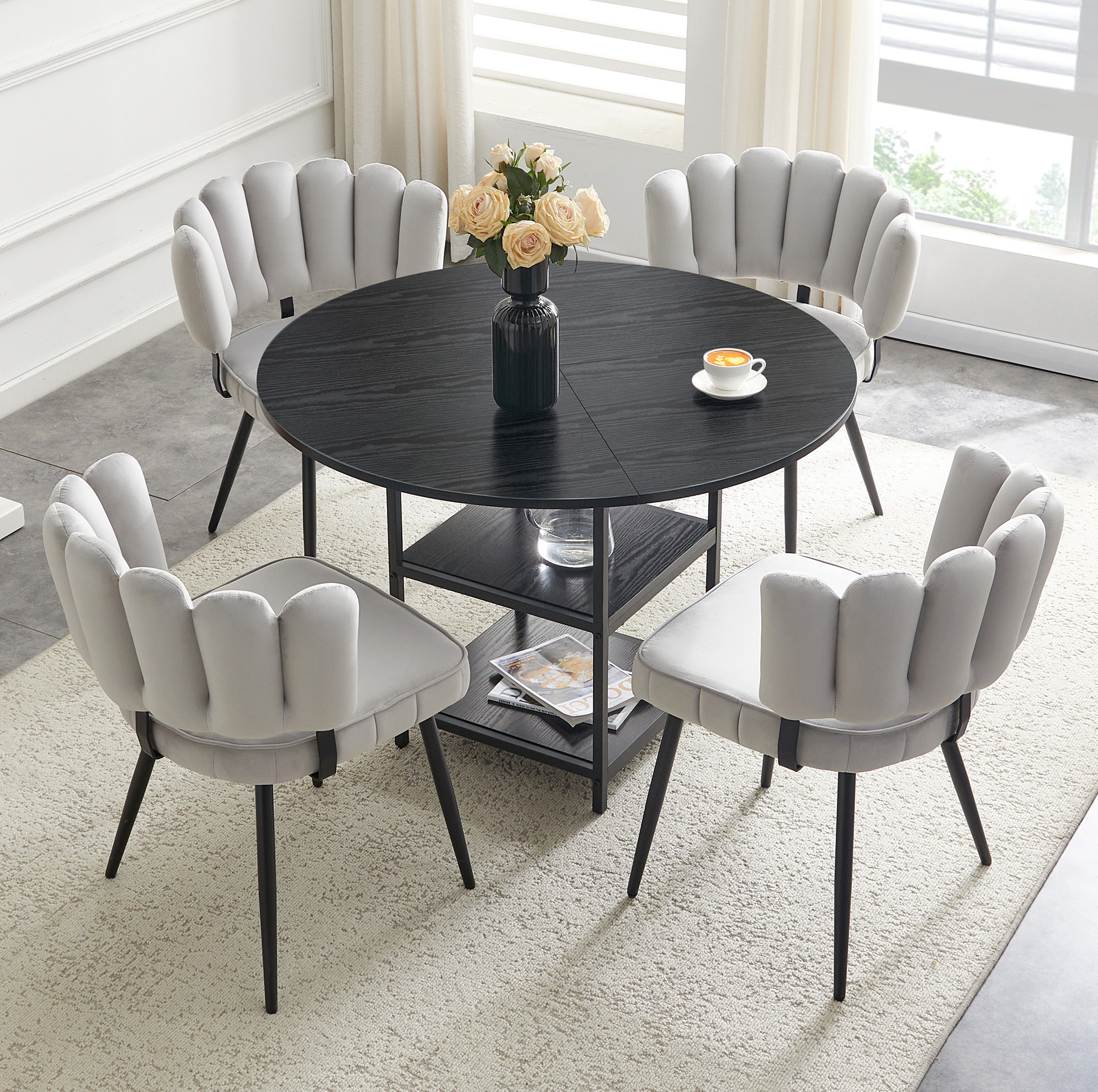 Ensemble Table Ronde 107 Cm Et 4 Chaises Gris Clair, Style Industriel, Mdf Et Métal