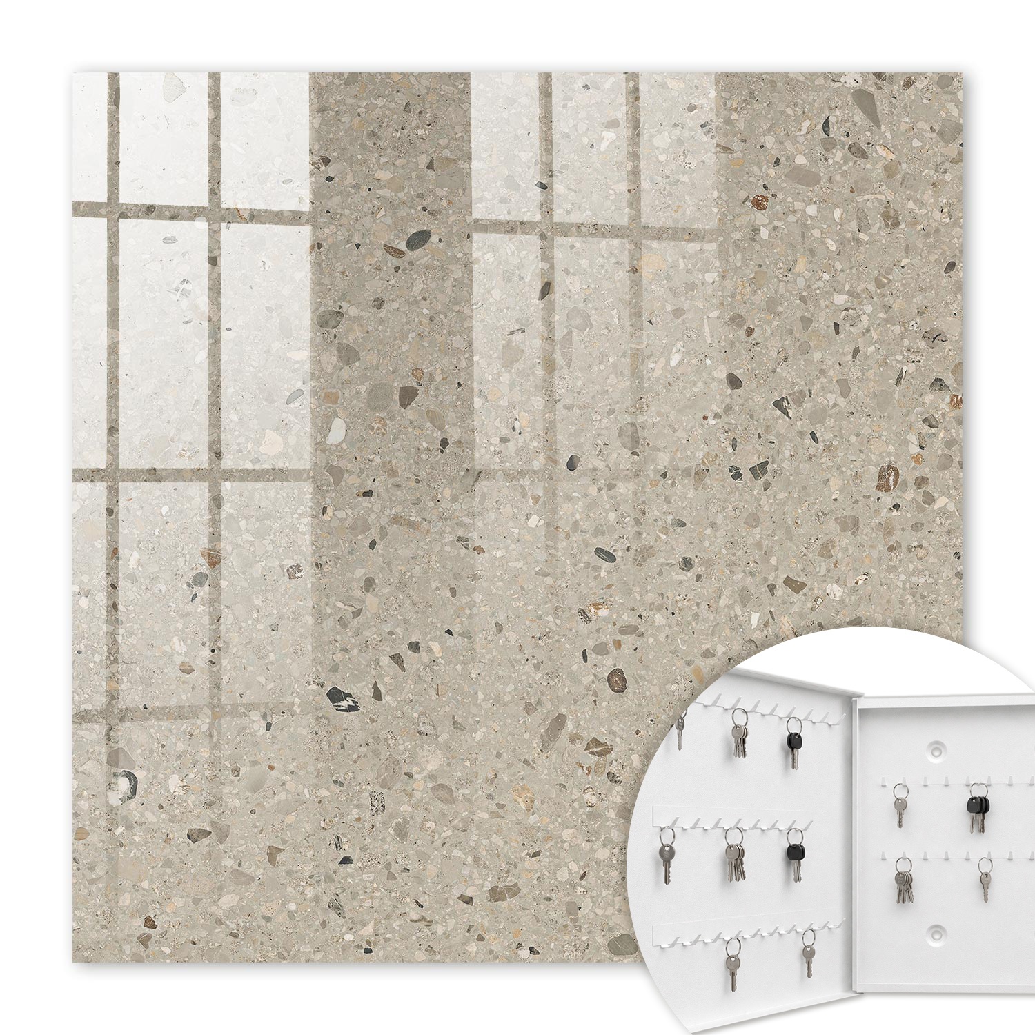 Armoire À Clés - (30 Cm X 30 Cm) - Boîte À Clés Murale - Coffret De Rangement Pour Clés - Couleur Blanche - Ouverture Vers La Gauche - Pour Maison Et Bureau - Texture De Galets