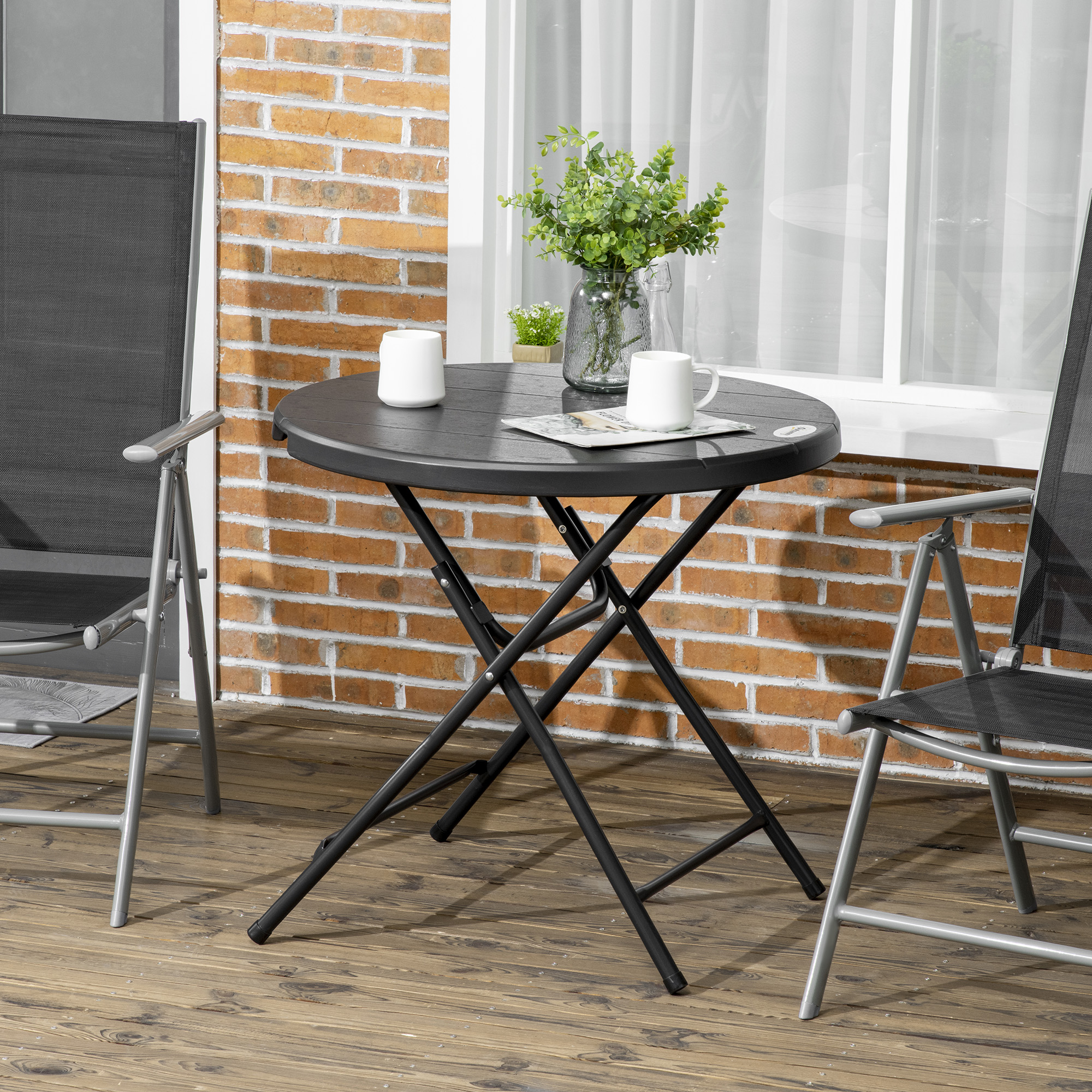 Redom Table De Jardin Ronde 80x80x73 Cm, Pour 4 Personnes, Plateau Aspect Bois En Acier Et Hdpe Gris Foncé