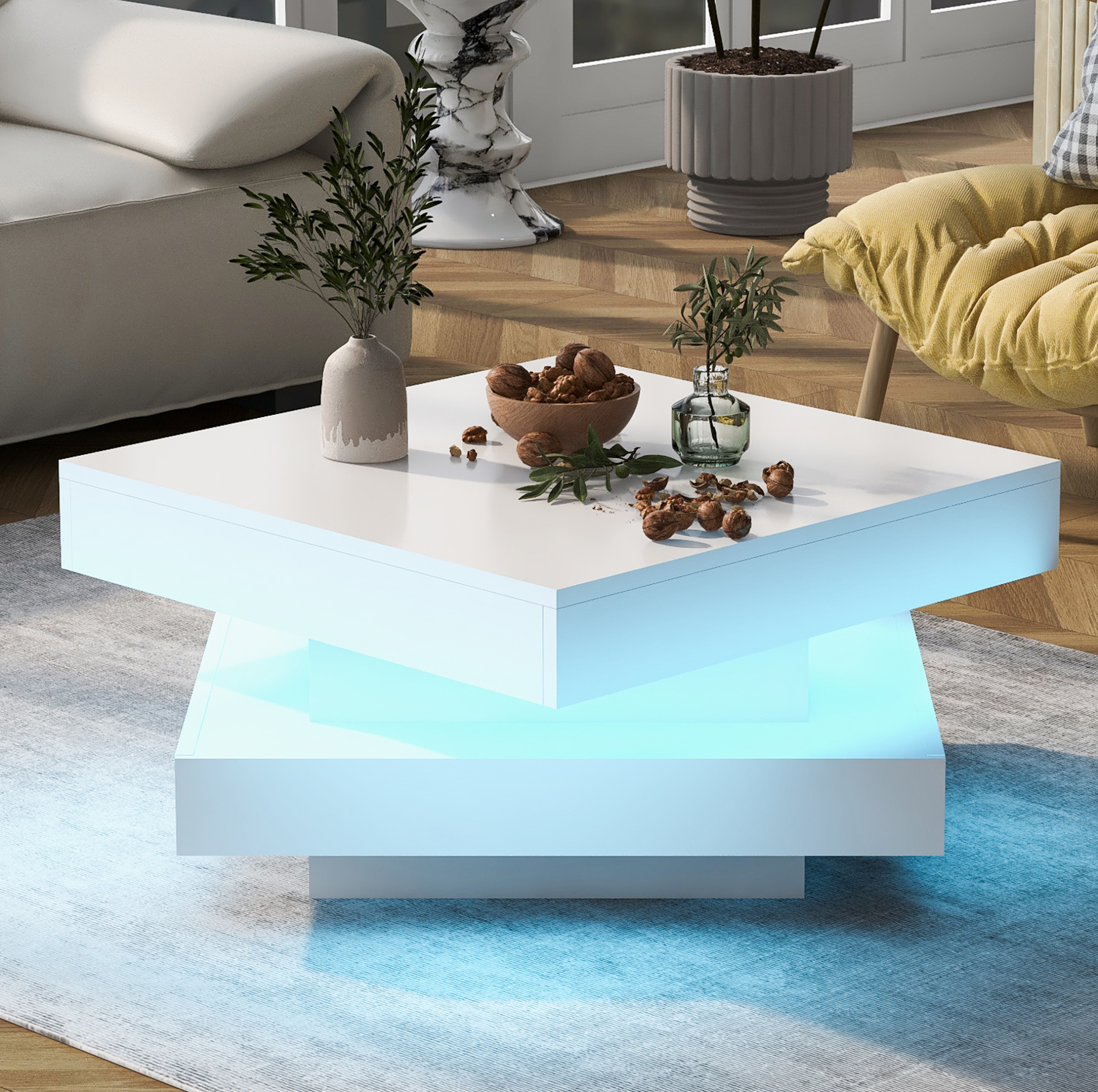 Redom - Table Basse 70x70x36 Cm, Plateau Pivotant À 360°, Éclairage Led, Panneau De Particules Blanc