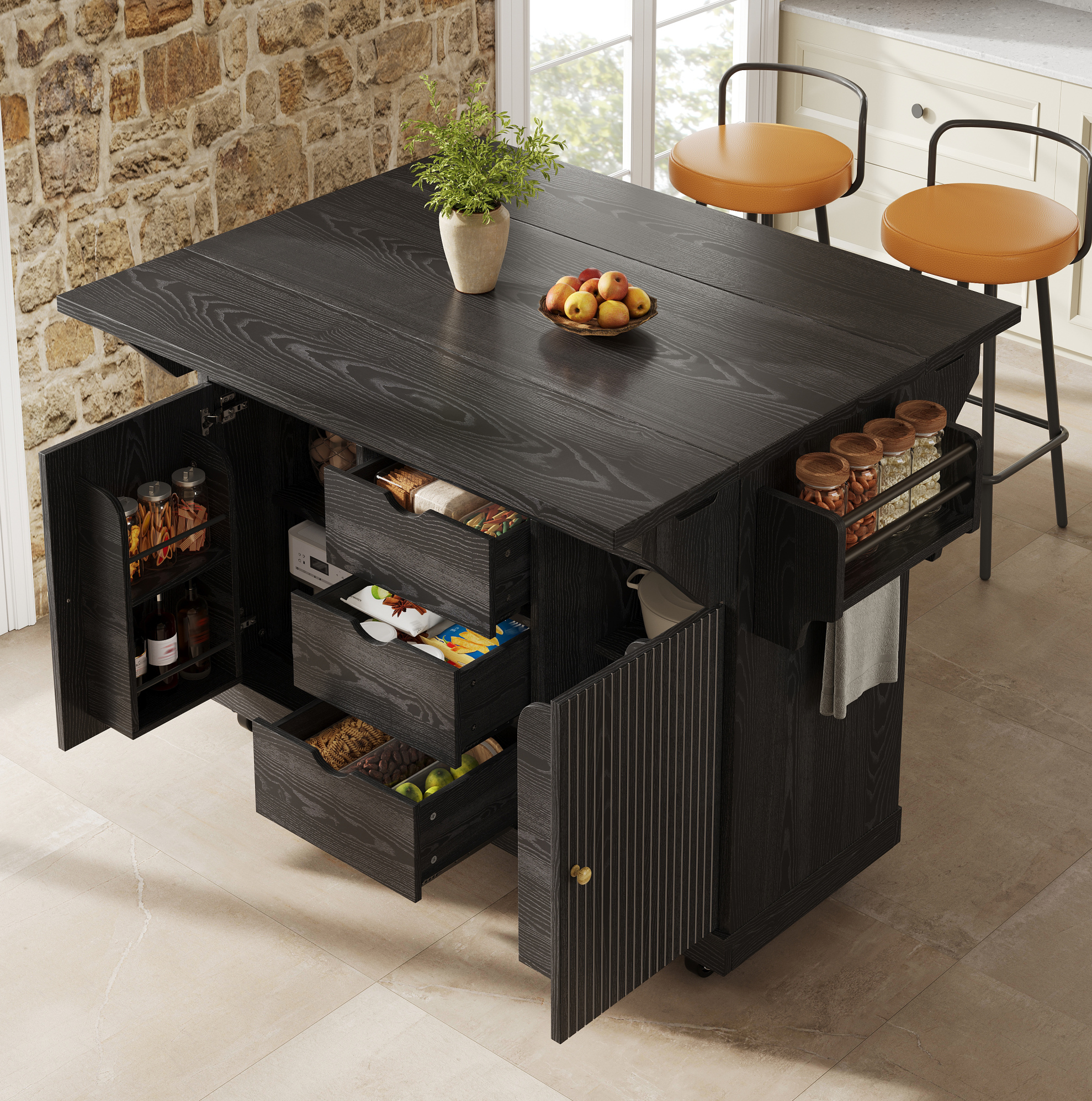 Servierwagen De Cuisine Avec Rallonges Rabattables, 95 Cm, Mdf Noir, Roulettes Freinées
