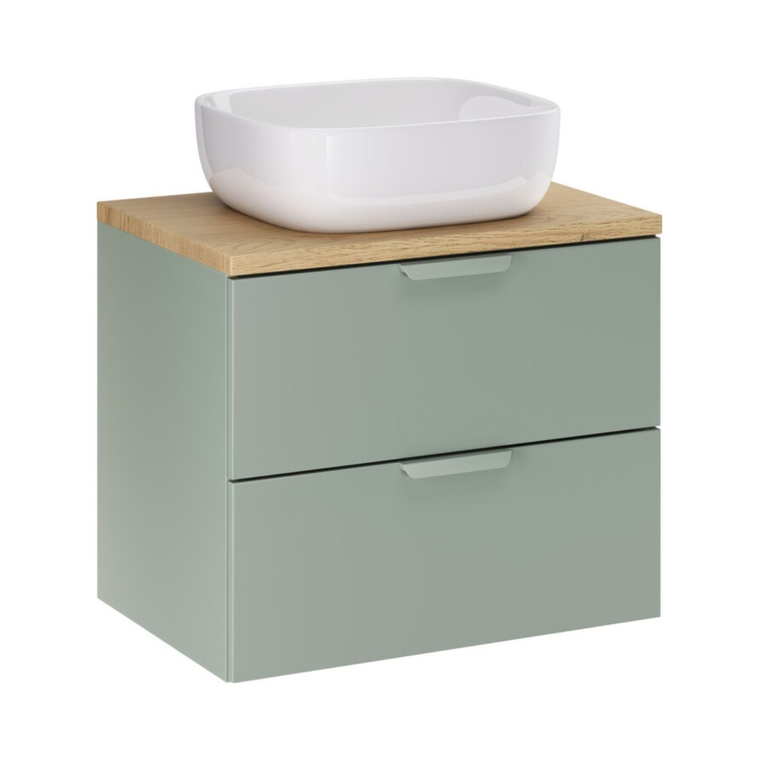 Ensemble Oster 60cm: Meuble Sous Vasque À Tiroirs Vert Sauge + Plan Pour Vasque Aspect Chêne Clair + Vasque À Poser Carrée