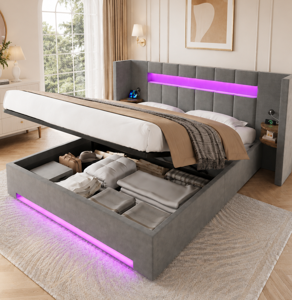 Redom - Lit Coffre - 160x200 Cm - Avec Usb - Led - Rangements - Velours - Gris Foncé (sans Matelas)