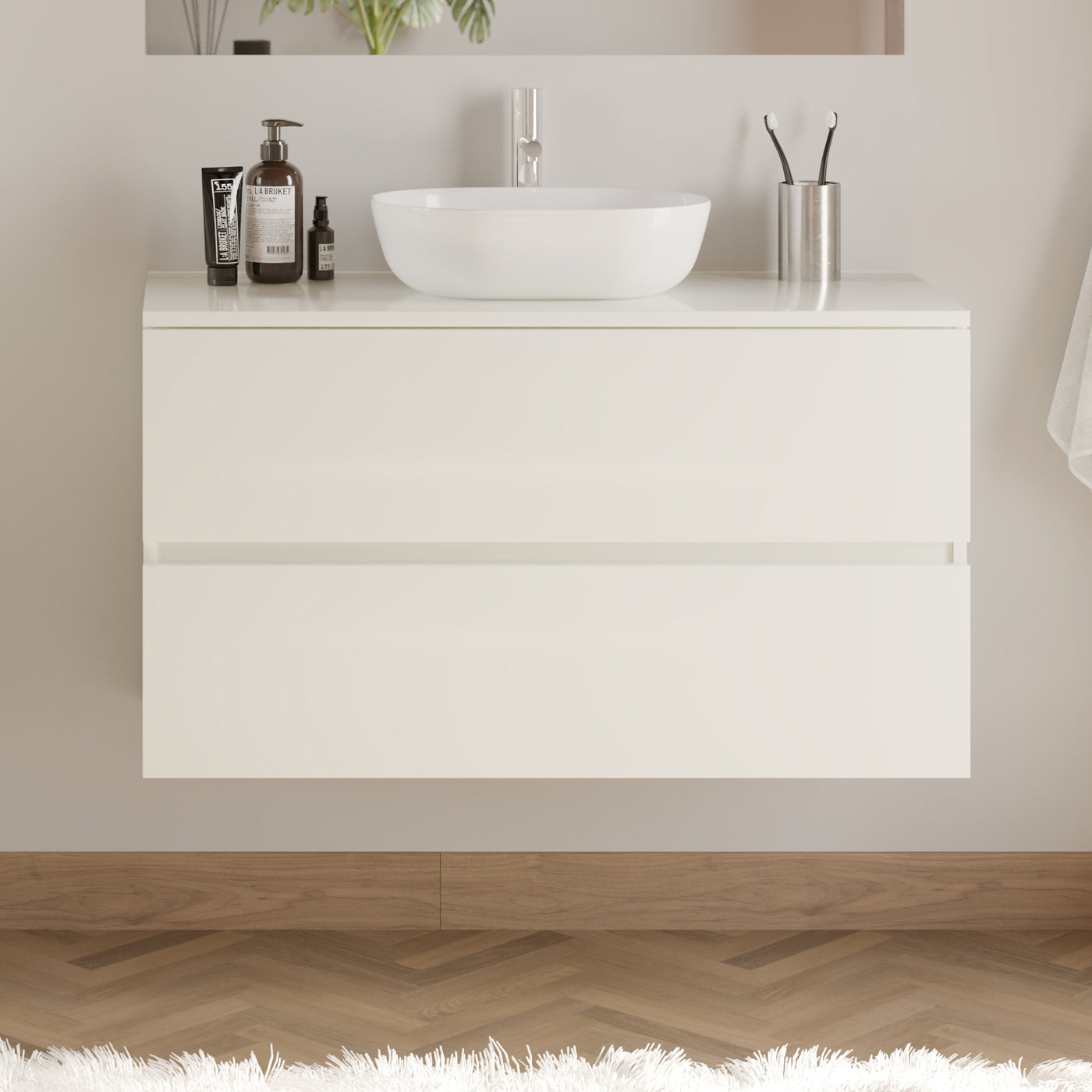 Meuble De Salle De Bain 100cm Avec Plateau Et Vasque À Poser Arrondie - 2 Tiroirs - Sans Miroir - Blanc Brillant - Ida