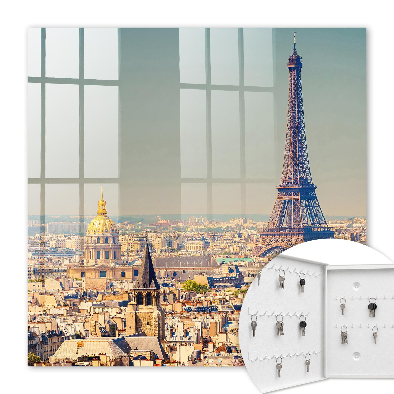 Armoire À Clés - (30 Cm X 30 Cm) - Boîte À Clés Murale - Coffret De Rangement Pour Clés - Couleur Blanche - Ouverture Vers La Gauche - Pour Maison Et Bureau - Paysage Urbain