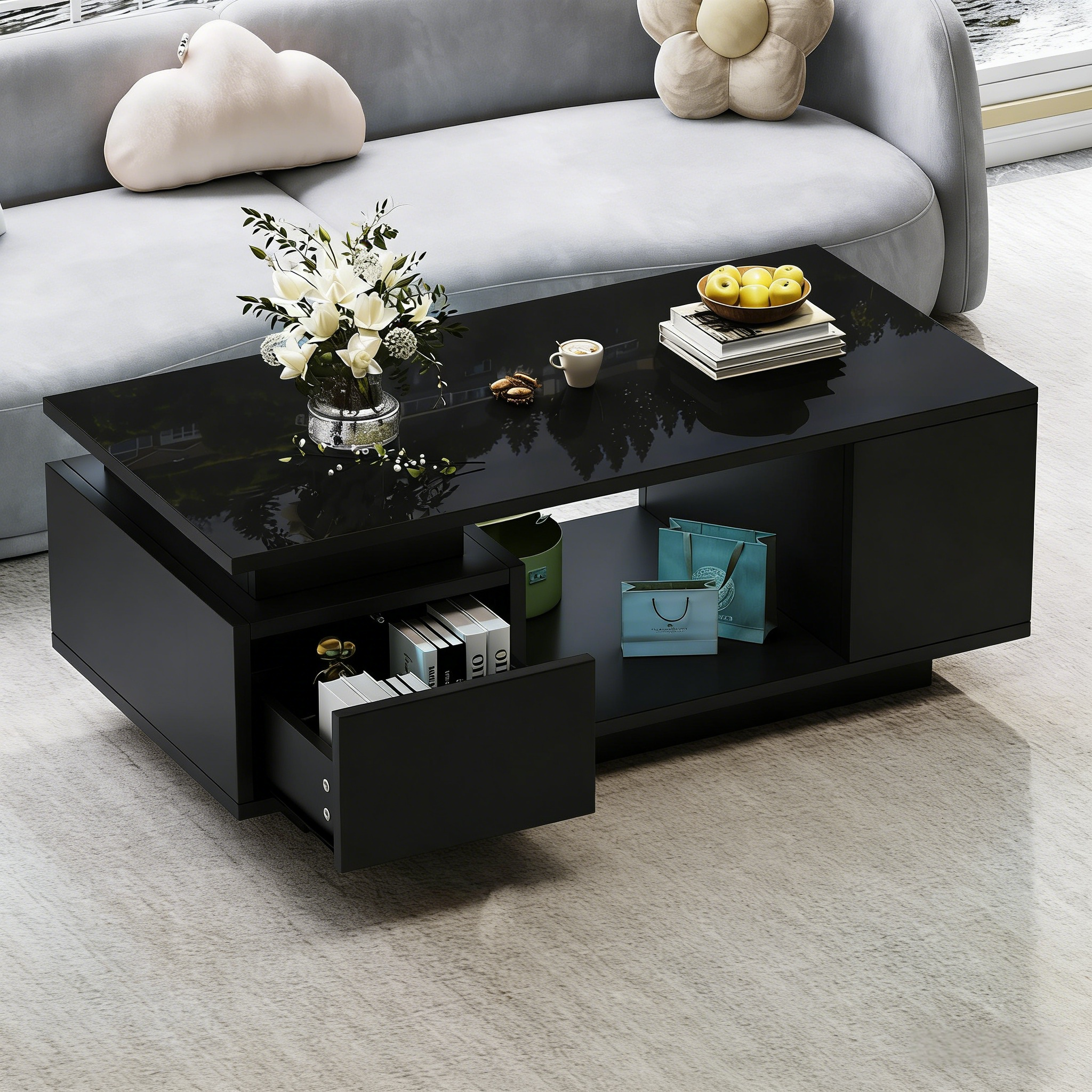 Redom Table Basse 100x50x36 Cm Avec Tiroir, Niches Ouvertes Et 4 Compartiments Latéraux, Led Contrôlée Par Application, Panneau De Particules Noir