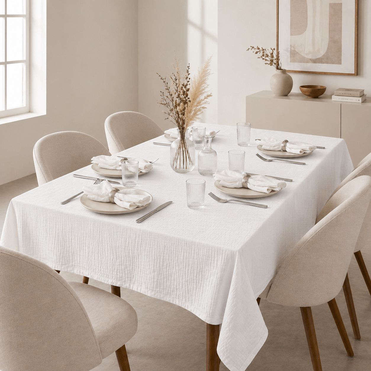 Nappe Rectangle 150 X 250 Cm + 6 Serviettes De Table - Double Gaze De Coton Gaïa Blanc