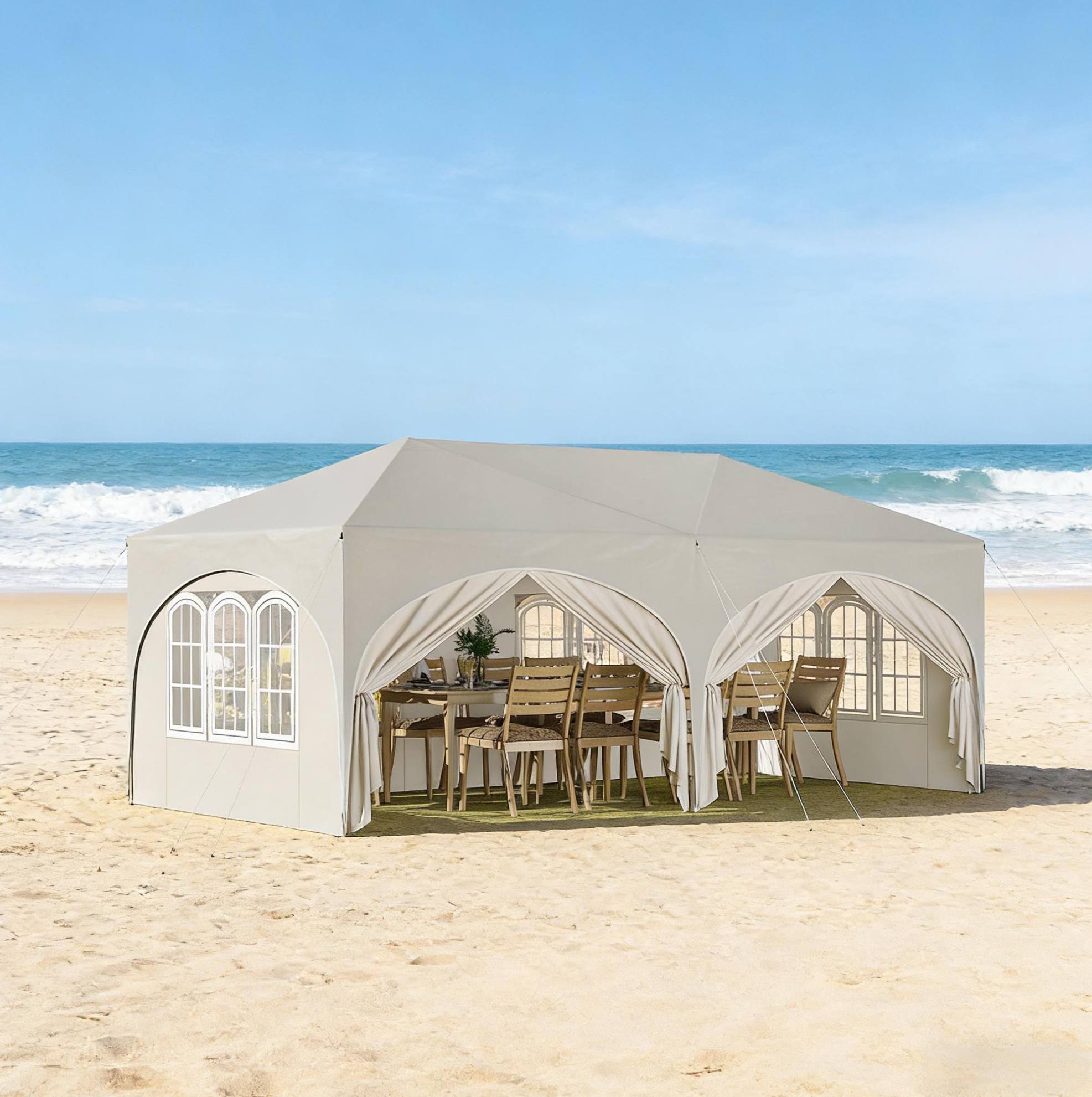 Tente De Jardin Pliante 3x6 M Beige, 6 Parois, Hauteur Réglable, Imperméable, Anti-uv, Avec Sac