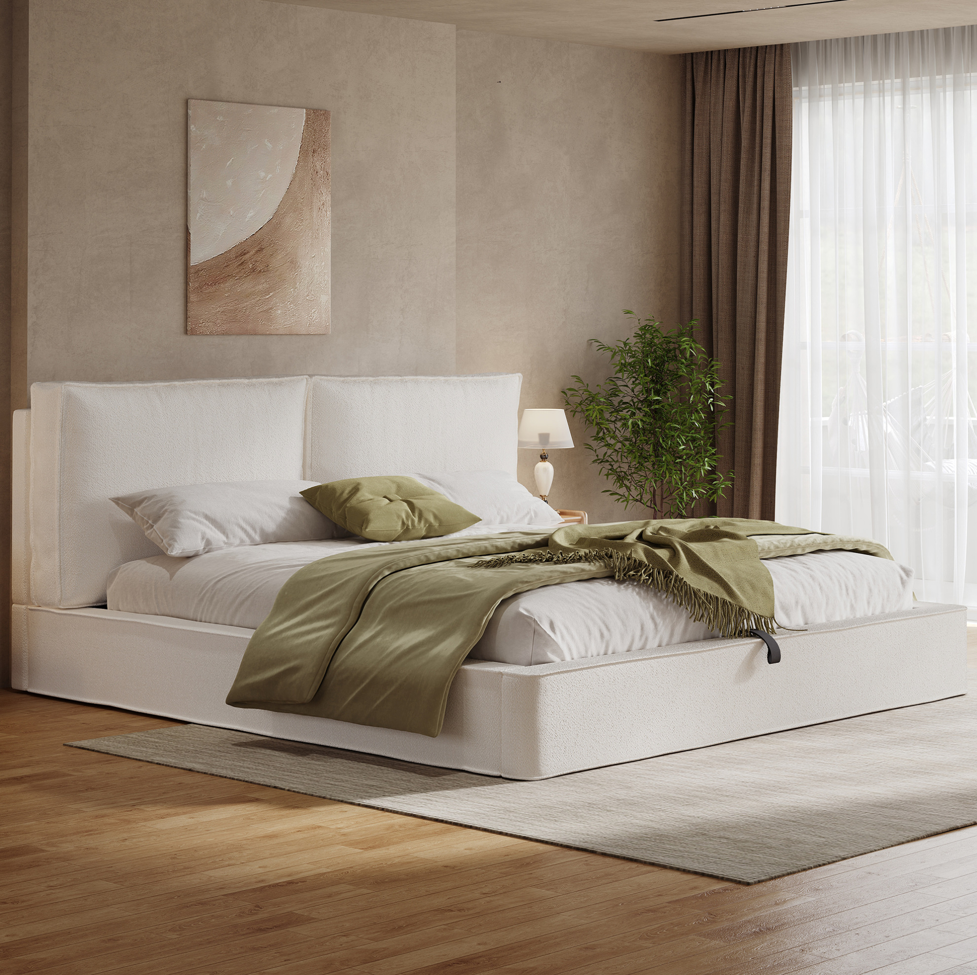 Lit Double 180 X 200 Cm Avec Rangement Hydraulique, Sommier, Tête De Lit, Beige Bouclé, Redom
