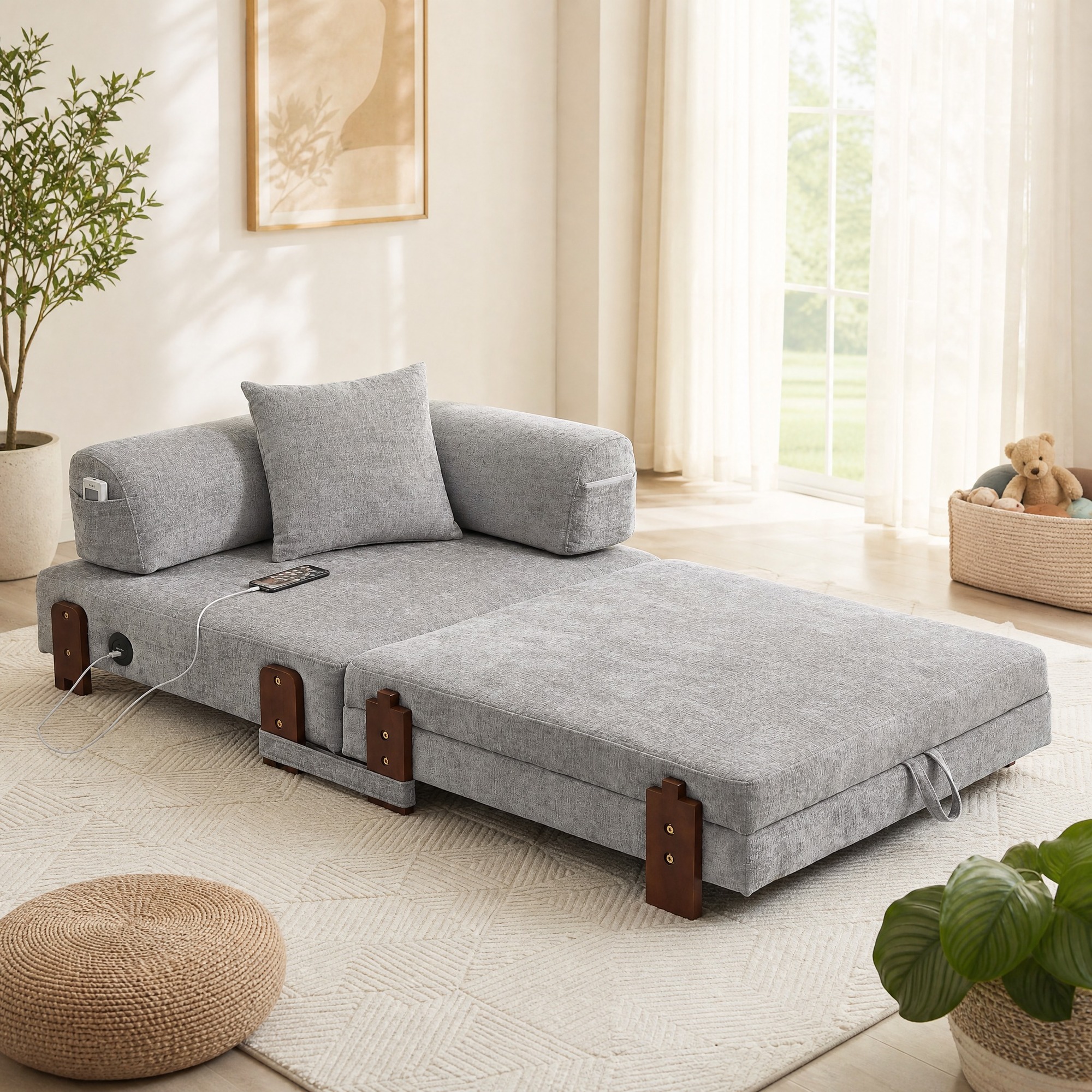 Sofá Cama Plegable (84x170.5x48 Cm), Convertible, Con Puertos Usb Y Type C, Con Almacenaje, Tejido Gris Claro