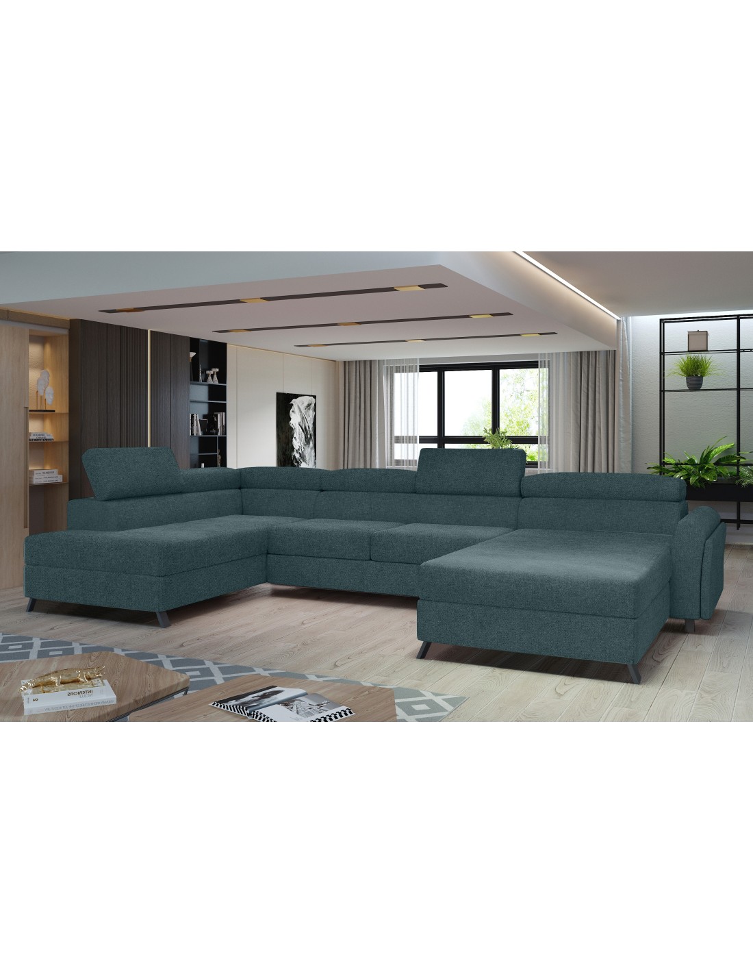 Canapé Panoramique Bleu Gris 5 Places Angle Gauche Convertible Avec Coffre Clotis