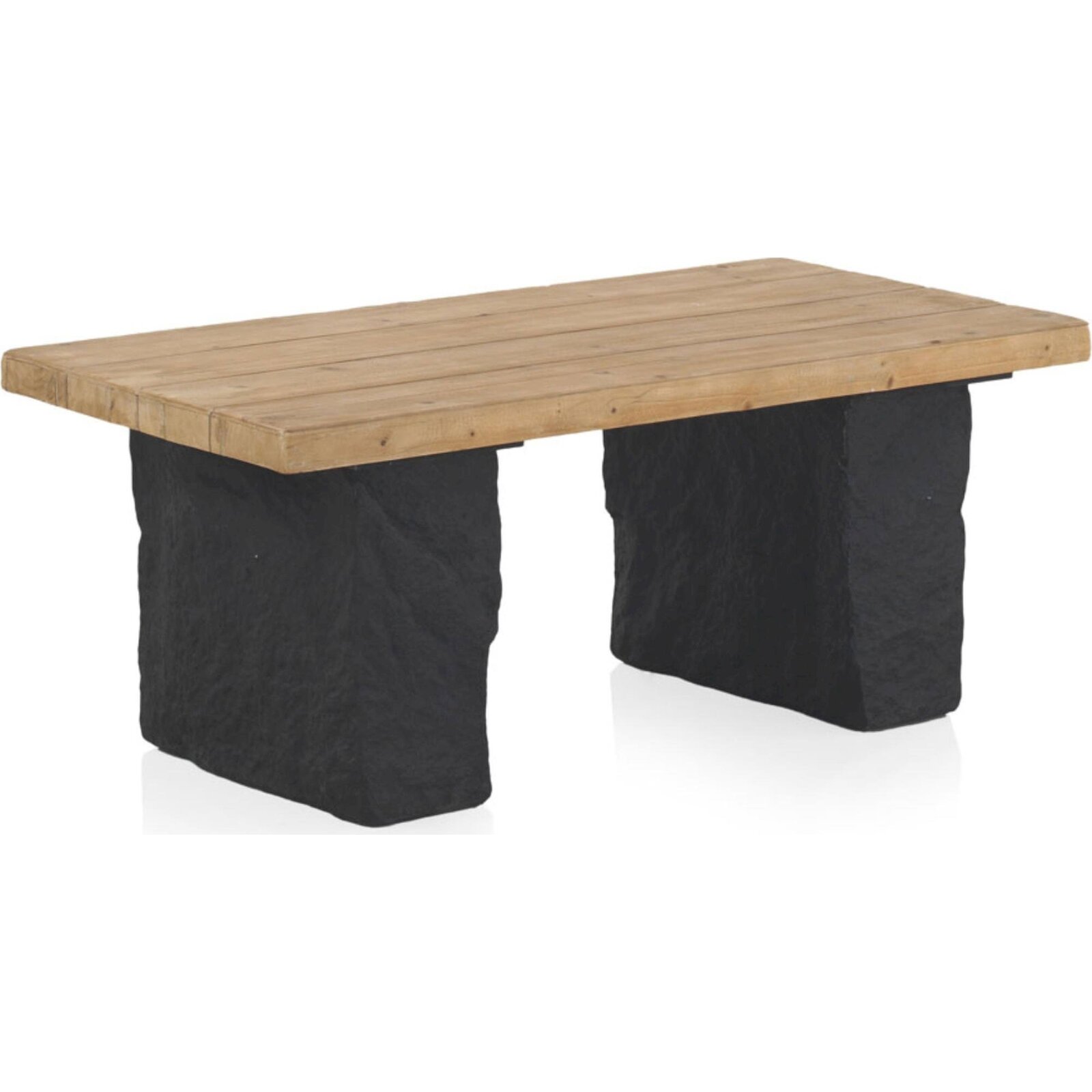 Table Basse Rectangulaire Bois Naturel Et Base Effet Pierre Noire - Bois Clair Et Noir Texturé