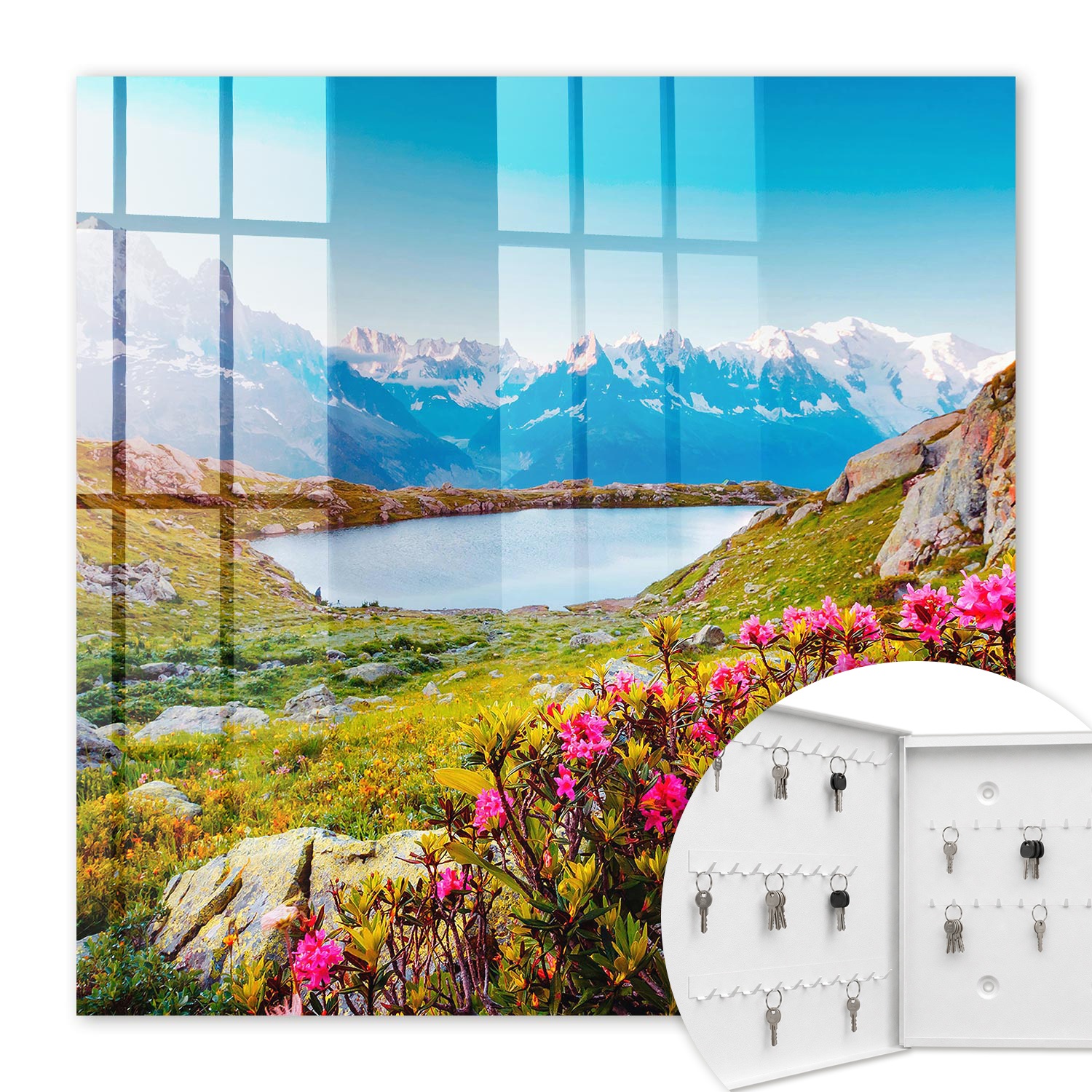 Armoire À Clés - (30 Cm X 30 Cm) - Boîte À Clés Murale - Coffret De Rangement Pour Clés - Couleur Blanche - Ouverture Vers La Gauche - Pour Maison Et Bureau - Paysage De Montagne