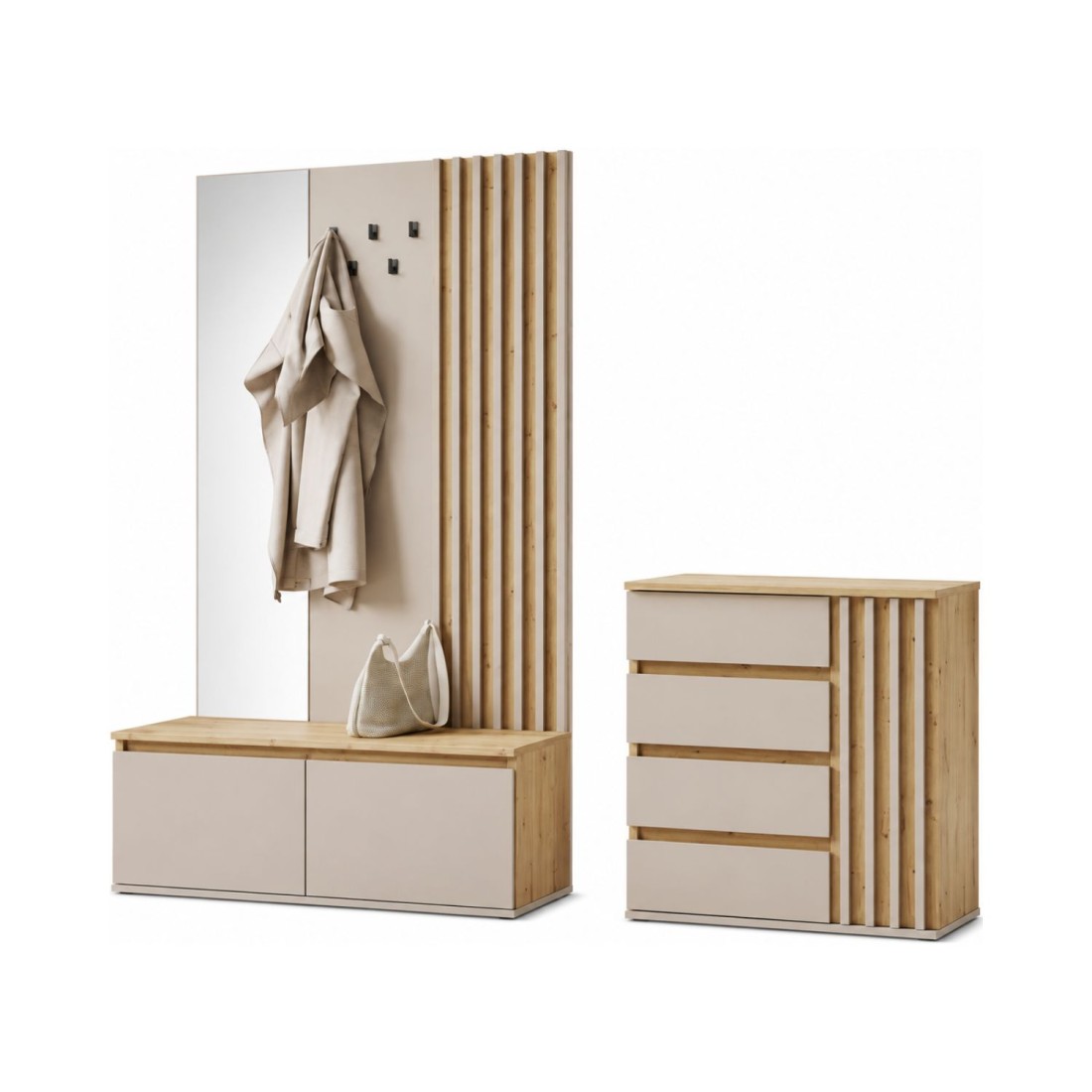 Ensemble Meuble D'Entrée Nemo Avec Porte-manteau, Miroir Et Commode - Chêne Clair Et Beige Cachemire