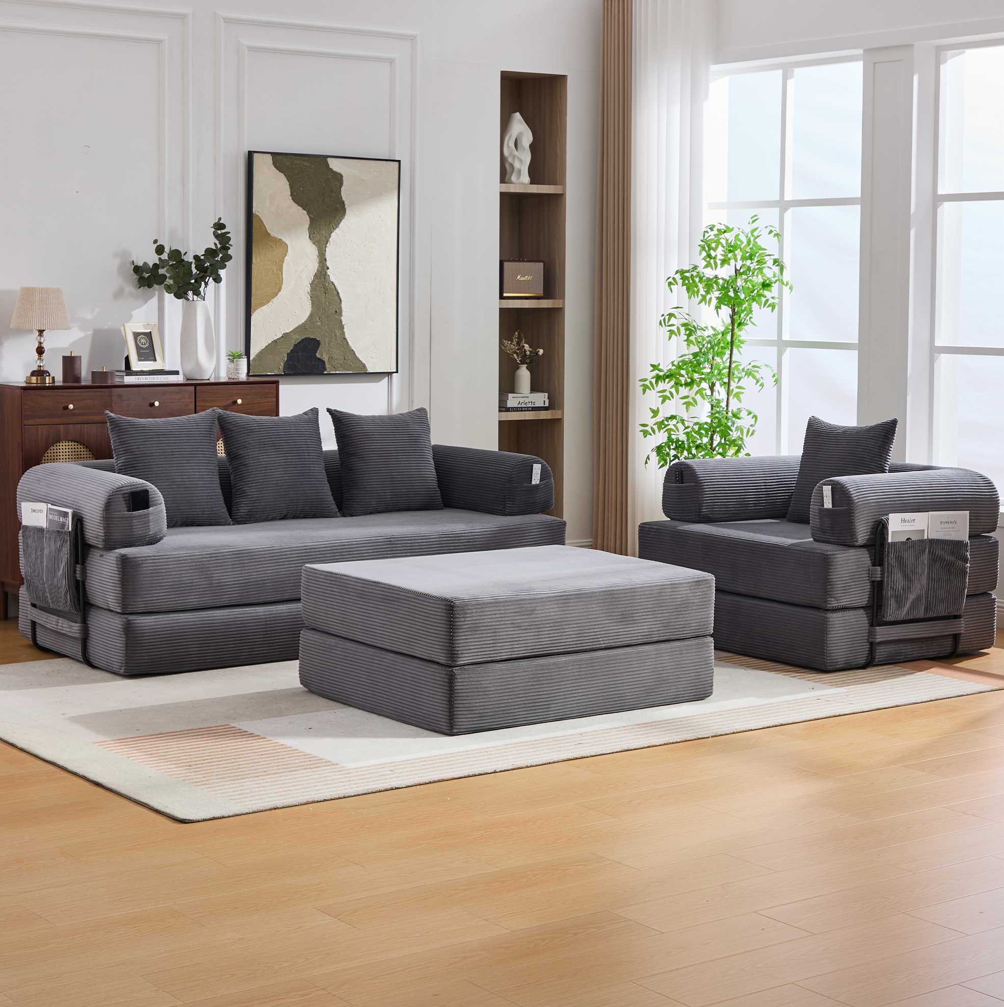Canapé Modulable En Corduroy Gris Foncé Avec Ottoman, Cadre Métal, 200 X 190 X 67 Cm