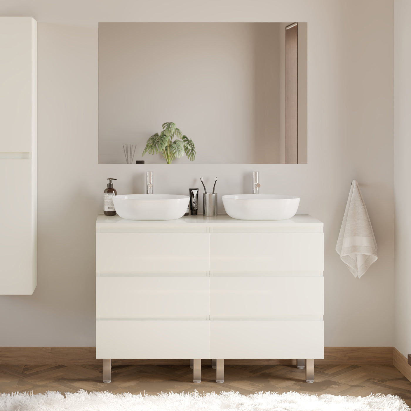 Meuble De Salle De Bain 120cm Avec Plateau Et 2 Vasques À Poser Arrondies - 6 Tiroirs - Blanc Brillant - Mayor