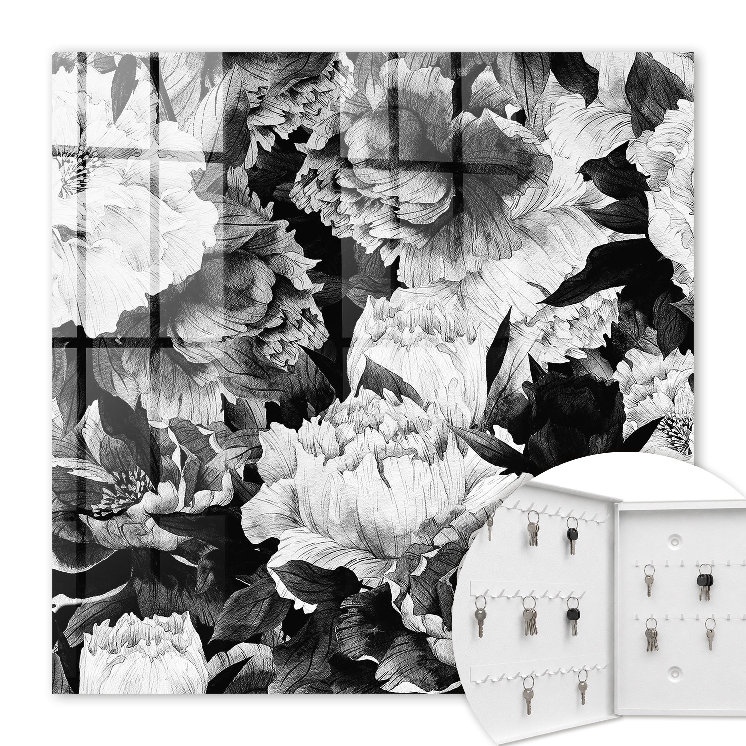 Armoire À Clés - (30 Cm X 30 Cm) - Boîte À Clés Murale - Coffret De Rangement Pour Clés - Couleur Blanche - Ouverture Vers La Gauche - Pour Maison Et Bureau - Fleurs Noires Et Blanches