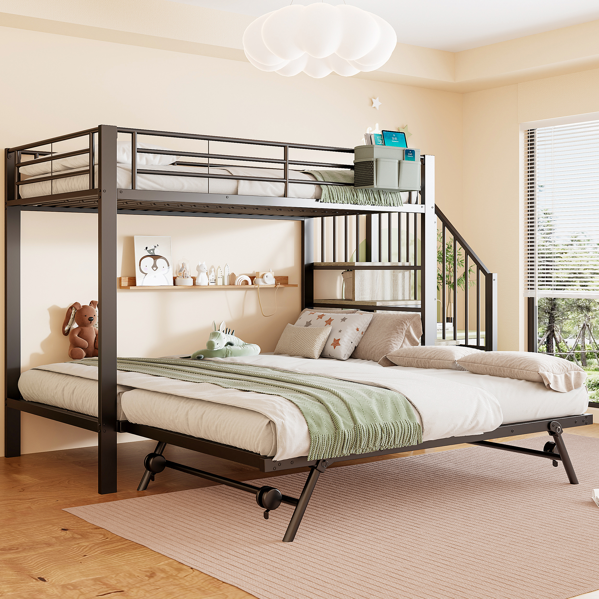 Redom Lit Superposé 90x200 Et 180x200 Cm Structure En Fer, Conception Coulissante Avec Poches De Rangement En Tissu Noir (sans Matelas)