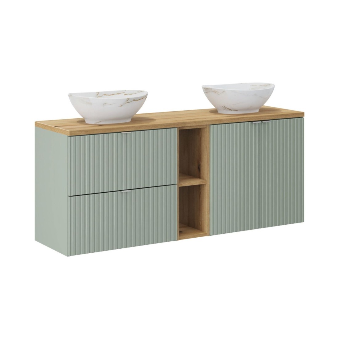 Ensemble Elvina 140cm: Meubles Sous Vasque Avec Niches Visibles À Tiroirs Et Placards + Plan Pour Vasque + Deux Vasque À Poser