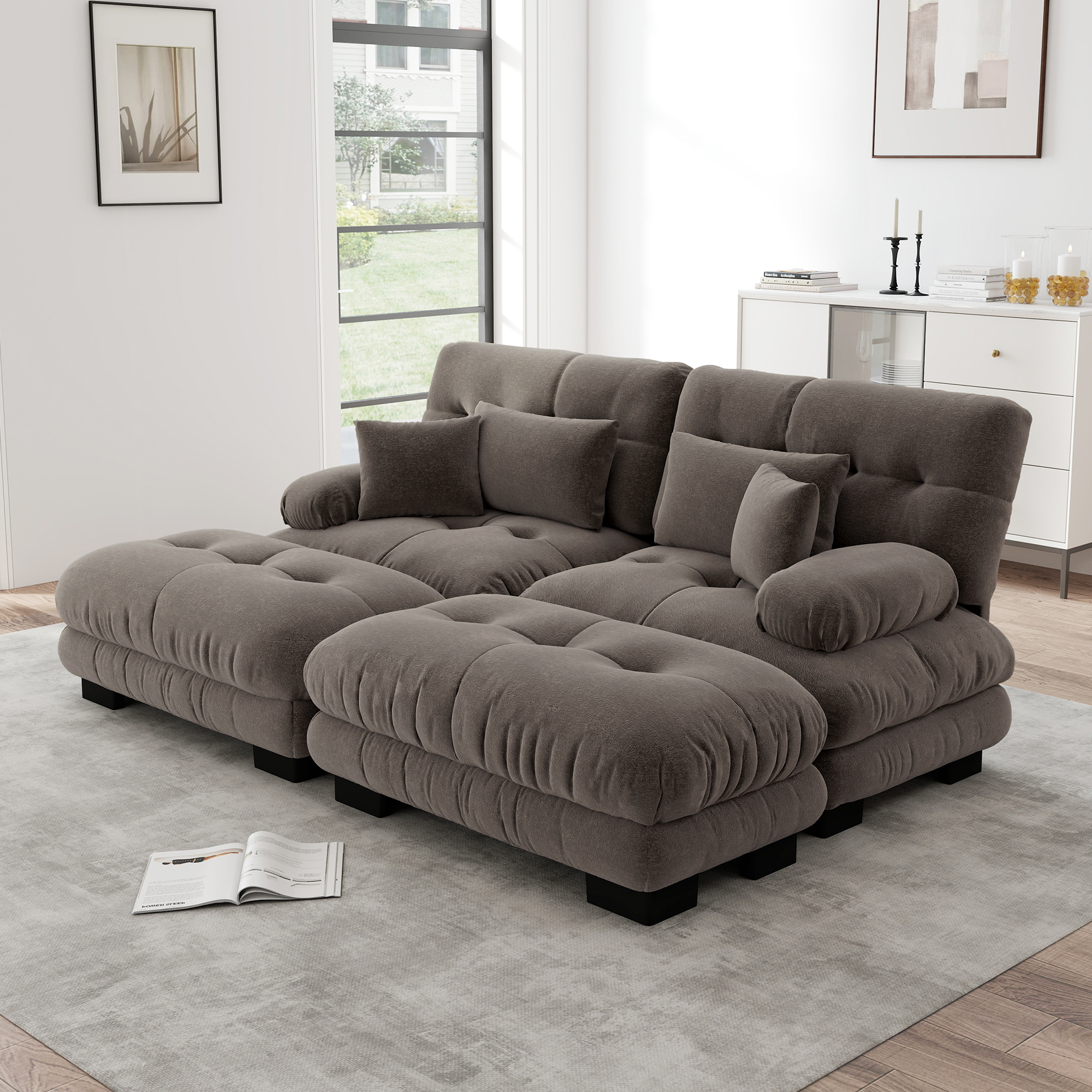 Redom Canapé 2 Places Modulaire D'Angle, Avec 2 Ottomans Mobiles, 2 Coussins Lombaires, 2 Coussins Décoratifs, Chenille Marron