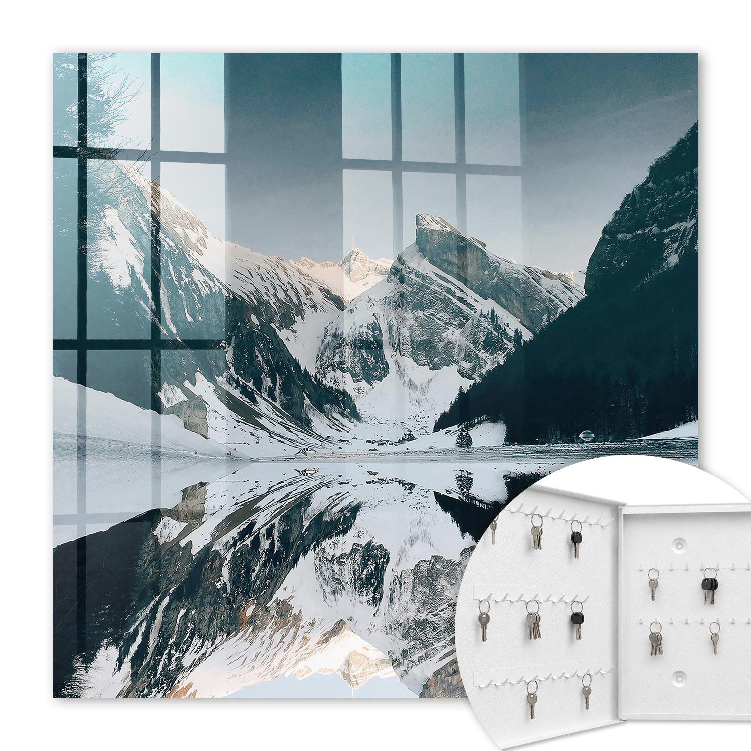 Armoire À Clés - (30 Cm X 30 Cm) - Boîte À Clés Murale - Coffret De Rangement Pour Clés - Couleur Blanche - Ouverture Vers La Gauche - Pour Maison Et Bureau - Paysage D'Hiver