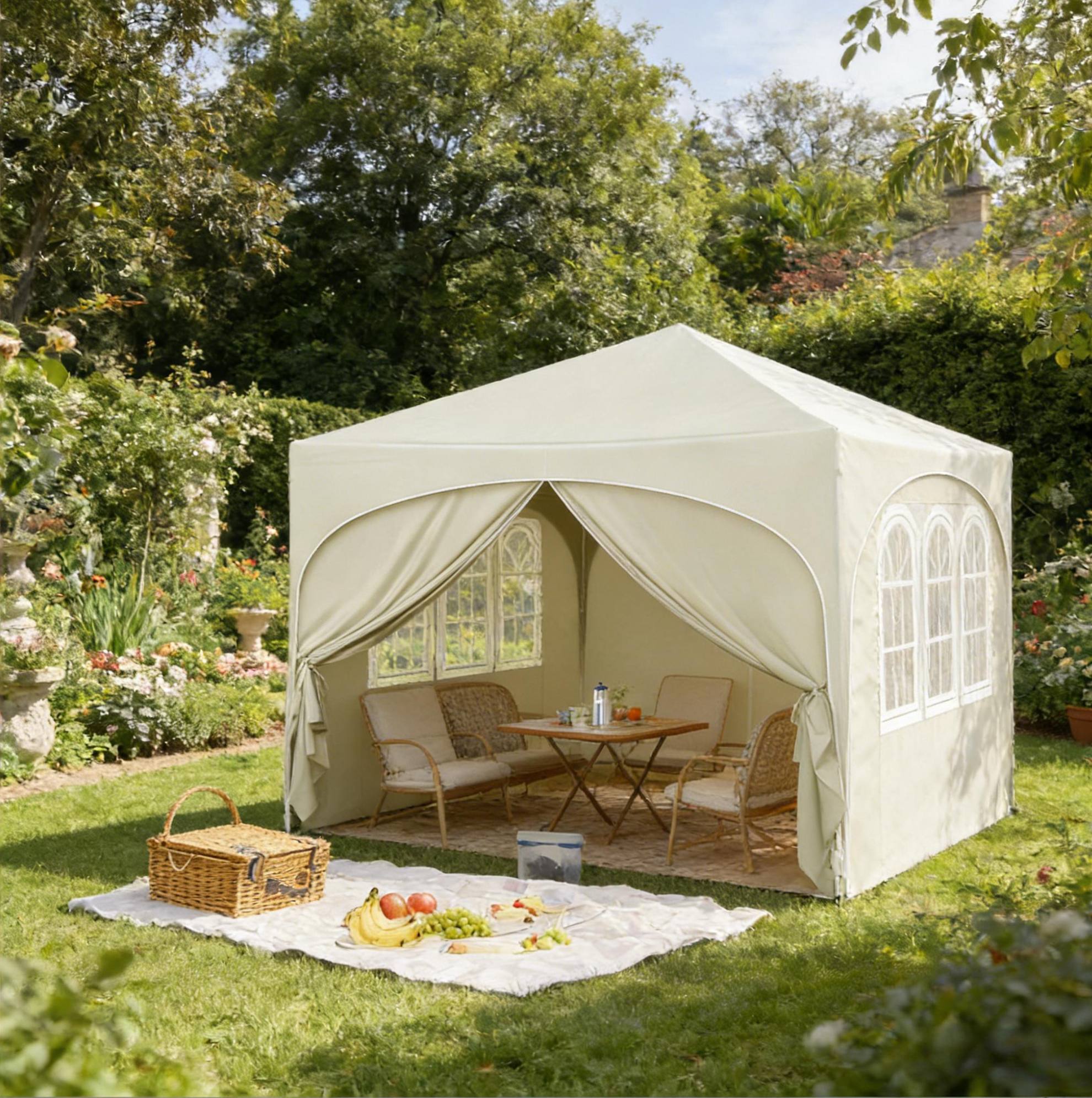 Barnum De Jardin Pliant 3 X 3 M Beige, Toile Oxford 210d, Structure En Fer, Sac
