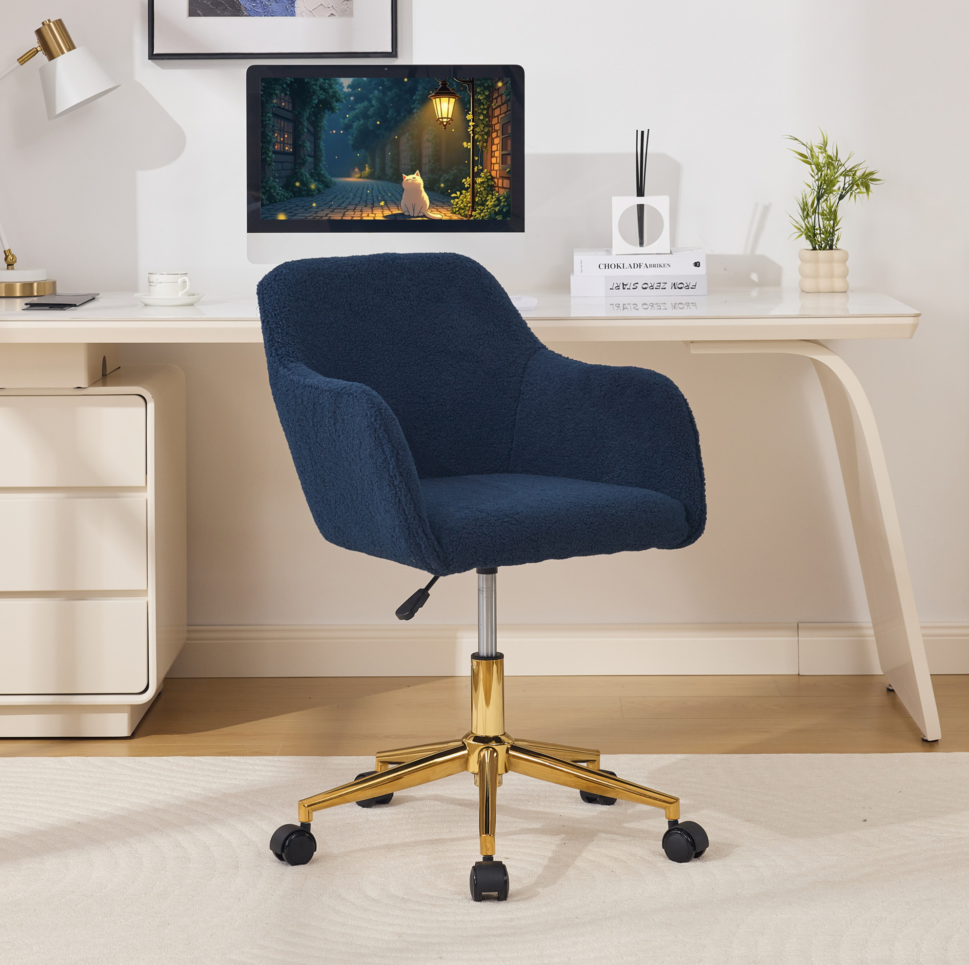 Chaise De Bureau Pivotante En Tissu Teddy, Réglable En Hauteur, 360°, Bleu Foncé, Pied Doré