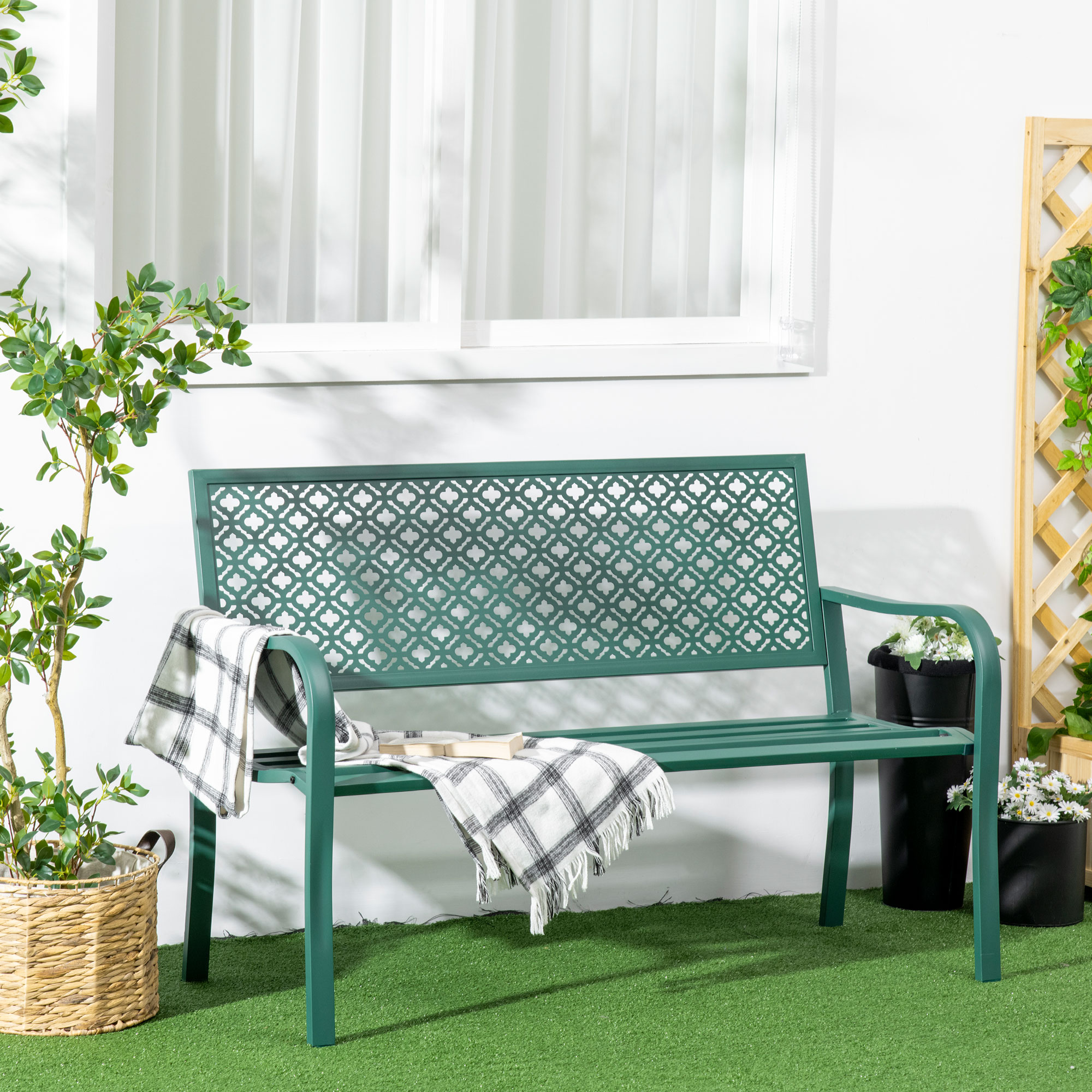 Redom Banc De Jardin 127x63x83 Cm, 2 Places Avec Dossier Et Accoudoirs, Cadre En Acier, Vert Foncé