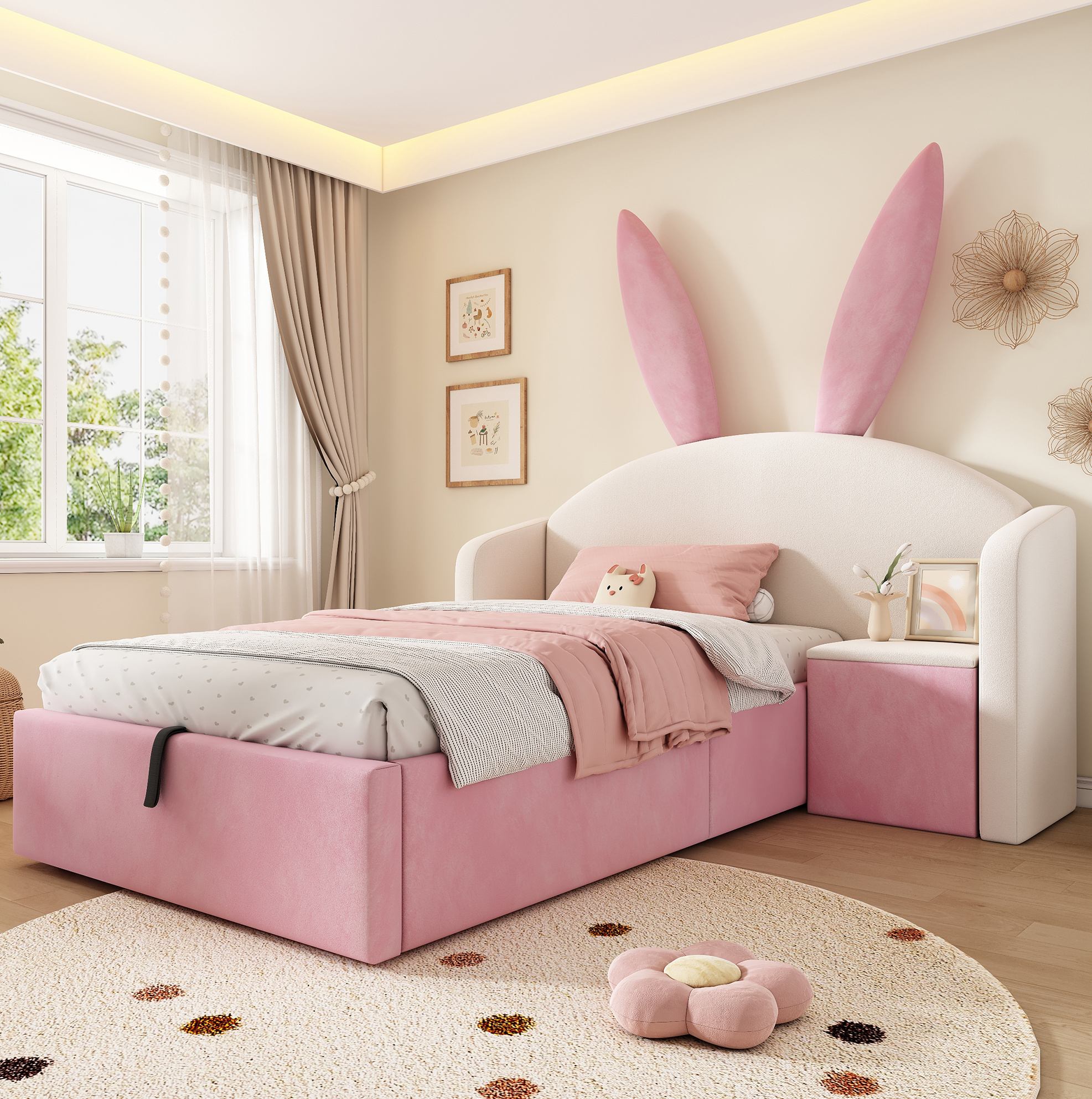 Lit Enfant 90x190 Cm En Velours Avec Tête De Lit Lapin, Rangement, Beige Et Rose