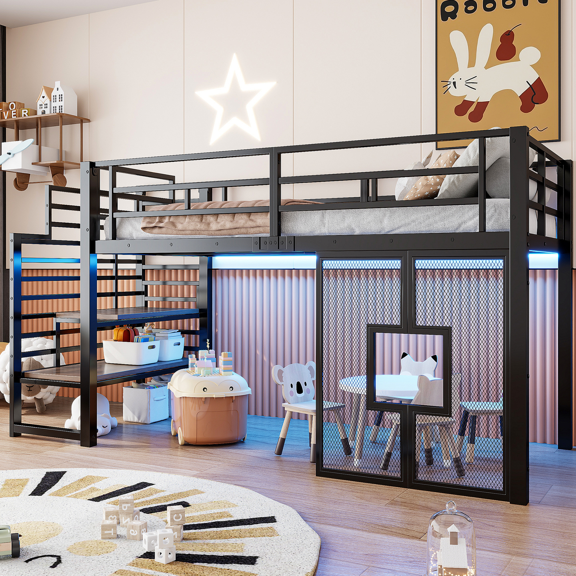 Lit Mezzanine 90x200 Cm En Métal Avec Escalier, Rangements, Led Et Fenêtres, Noir Redom