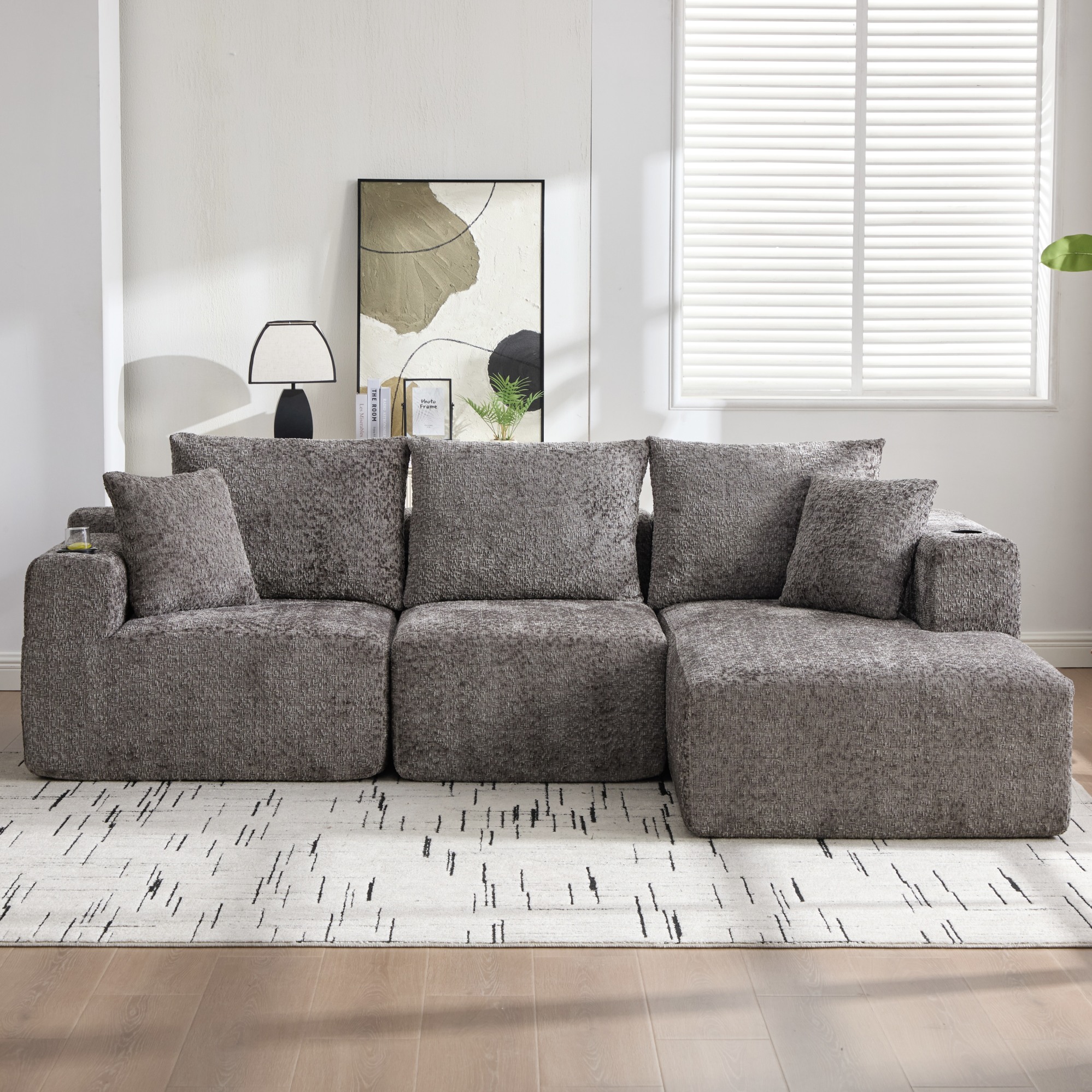 Canapé D'angle Modulaire En L 261×165×80 Cm, Gris Foncé, Avec Porte-gobelets
