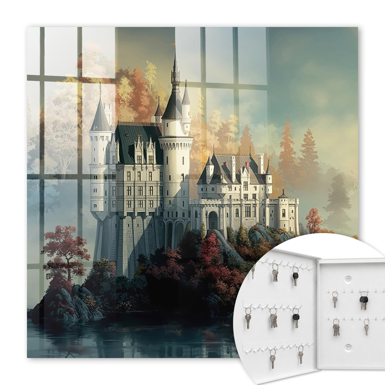 Armoire À Clés - (30 Cm X 30 Cm) - Boîte À Clés Murale - Coffret De Rangement Pour Clés - Couleur Blanche - Ouverture Vers La Gauche - Pour Maison Et Bureau - Château En Automne