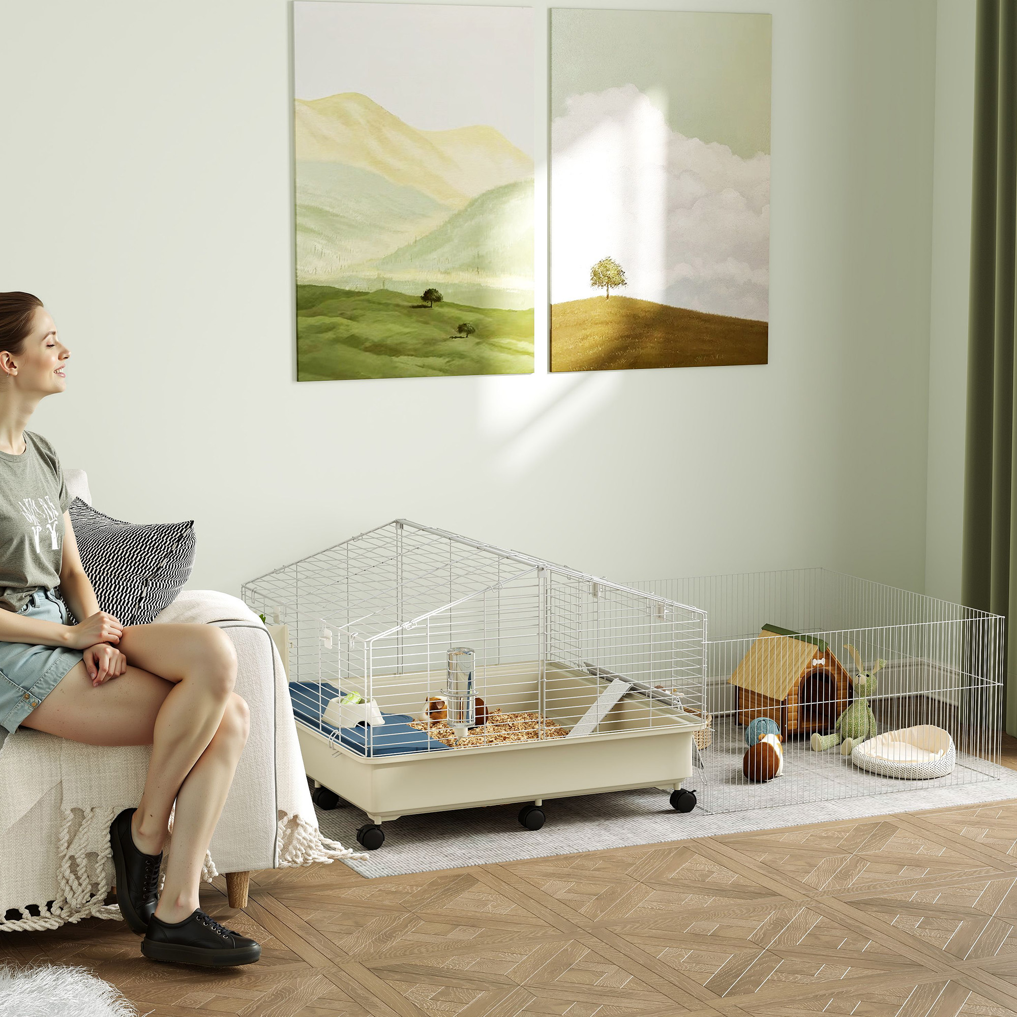 Cage Pour Petits Animaux Avec Enclos, 2 Niveaux, 173 X 88 X 63 Cm, Blanche, Redom