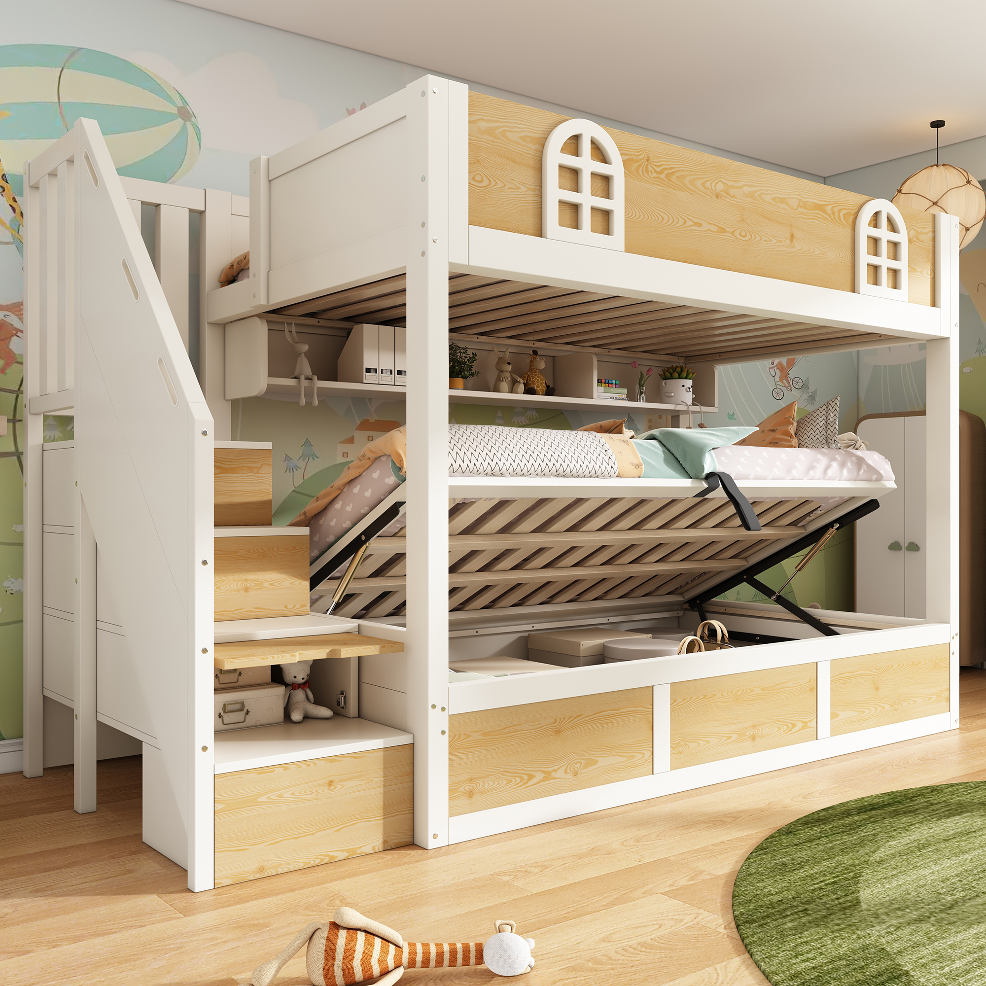 Redom Lit Superposé 90x200 Cm, Avec Escalier Armoire De Rangement, Bois Et Métal, Blanc Et Naturel (sans Matelas)