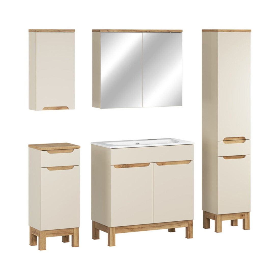 Ensemble Ermano Cachemire 150cm: Meuble Sous Vasque + Vasque Encastrée + Rangements Suspendus Et À Poser + Miroirs