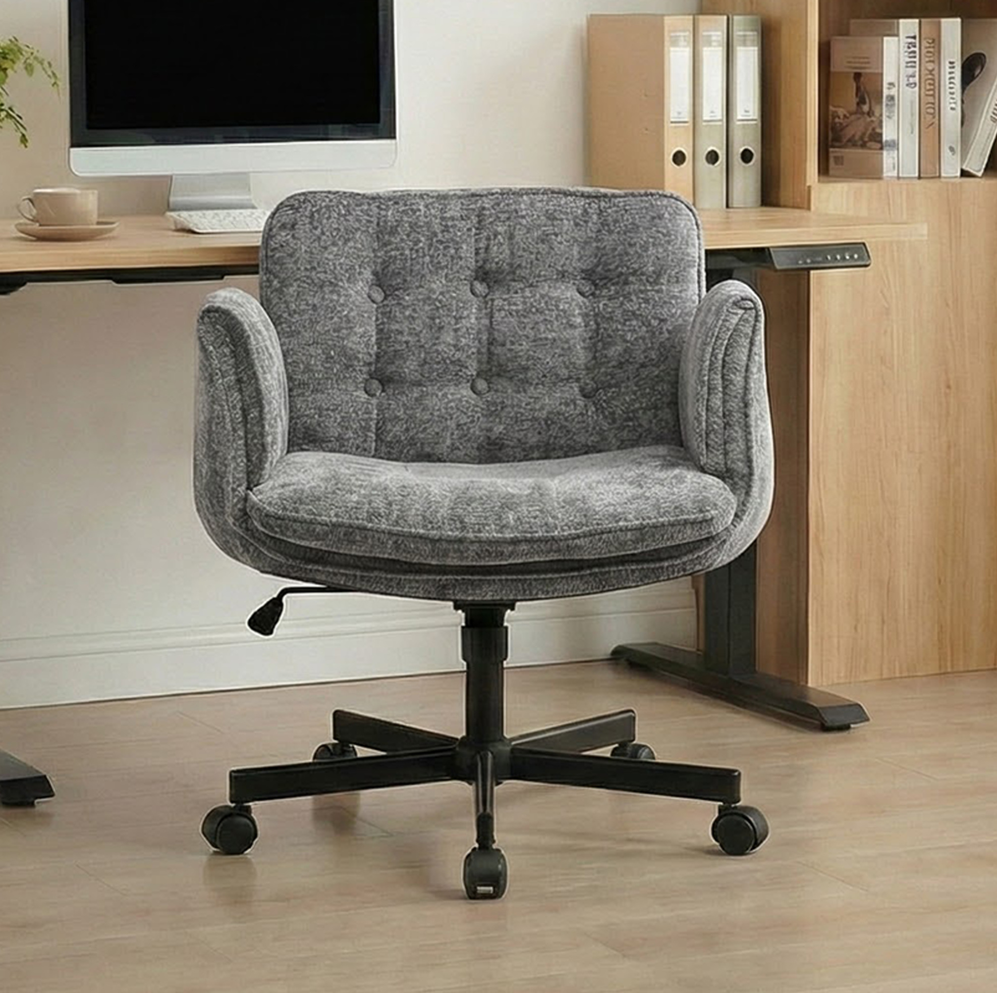 Chaise De Bureau Pivotante À Roulettes, Accoudoirs Pliables, Hauteur Réglable, Gris Foncé