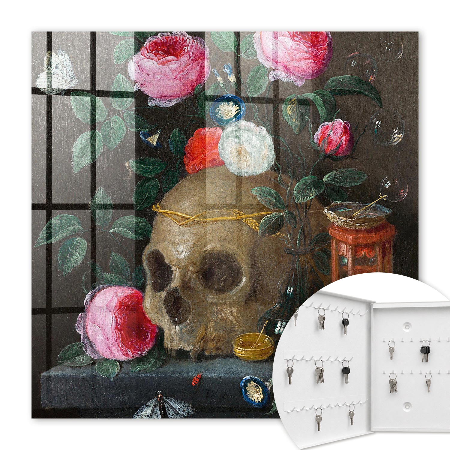 Armoire À Clés - (30 Cm X 30 Cm) - Boîte À Clés Murale - Coffret De Rangement Pour Clés - Couleur Blanche - Ouverture Vers La Gauche - Pour Maison Et Bureau - Crâne Et Fleurs