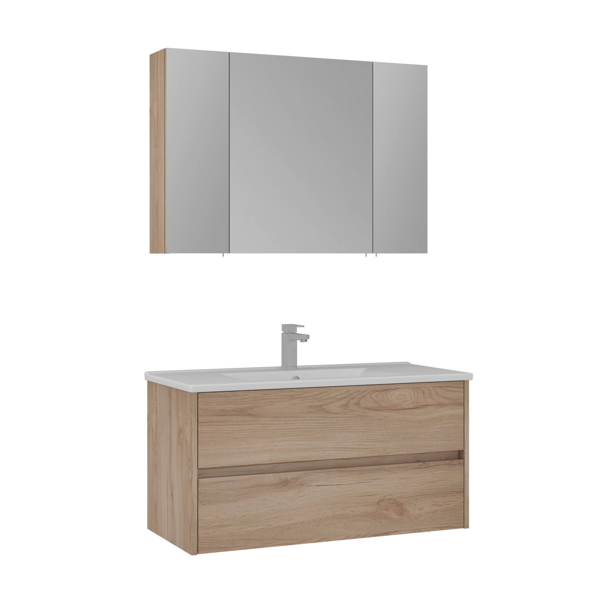 Meuble Avec Simple Vasque Et Miroir "side 100 V3" - 100 X 16 X 52 Cm - Oak