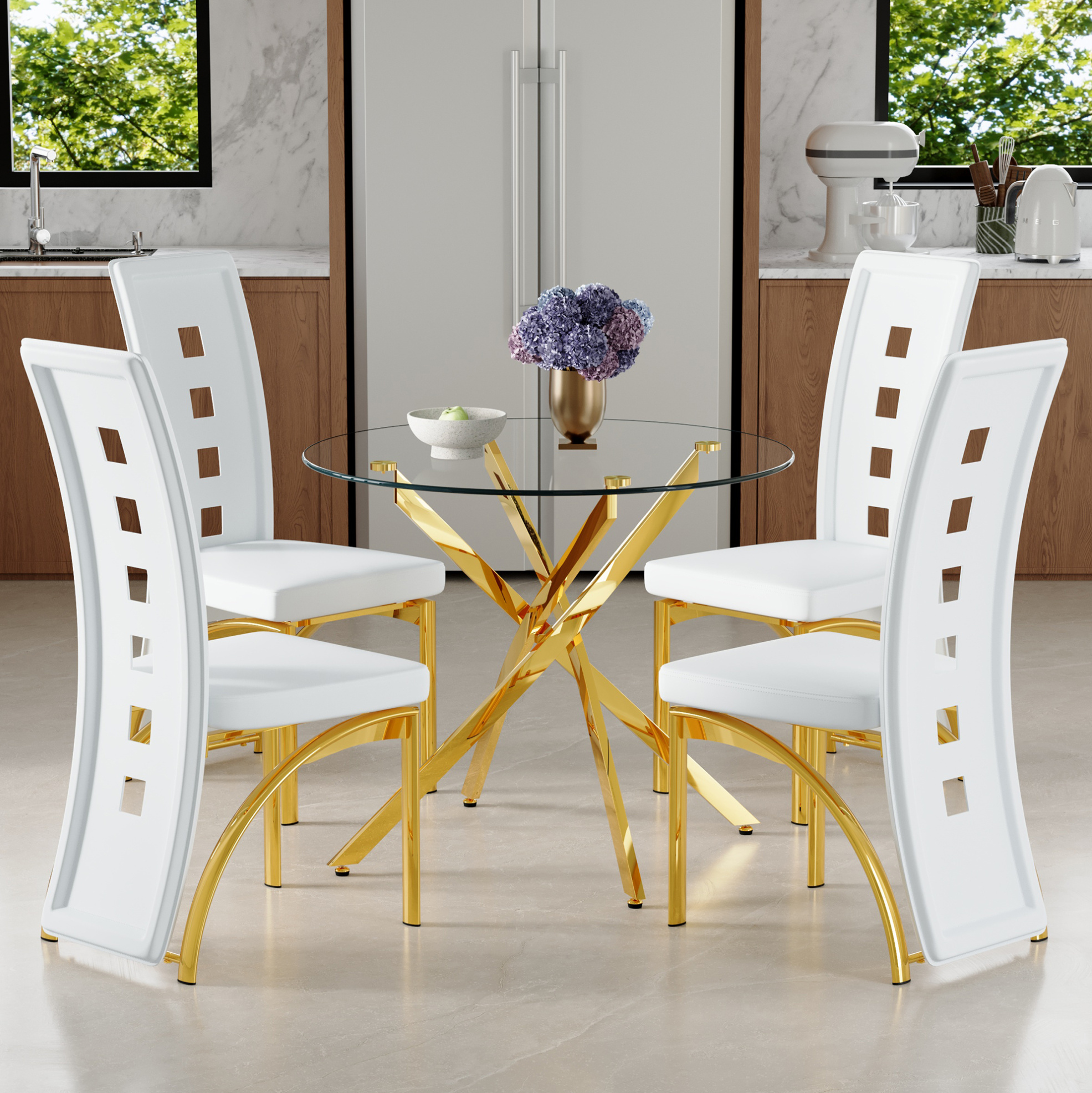 Set Table Ronde 88 Cm En Verre Trempé Avec 4 Chaises Blanches Pu Motif Géométrique, Métal Doré