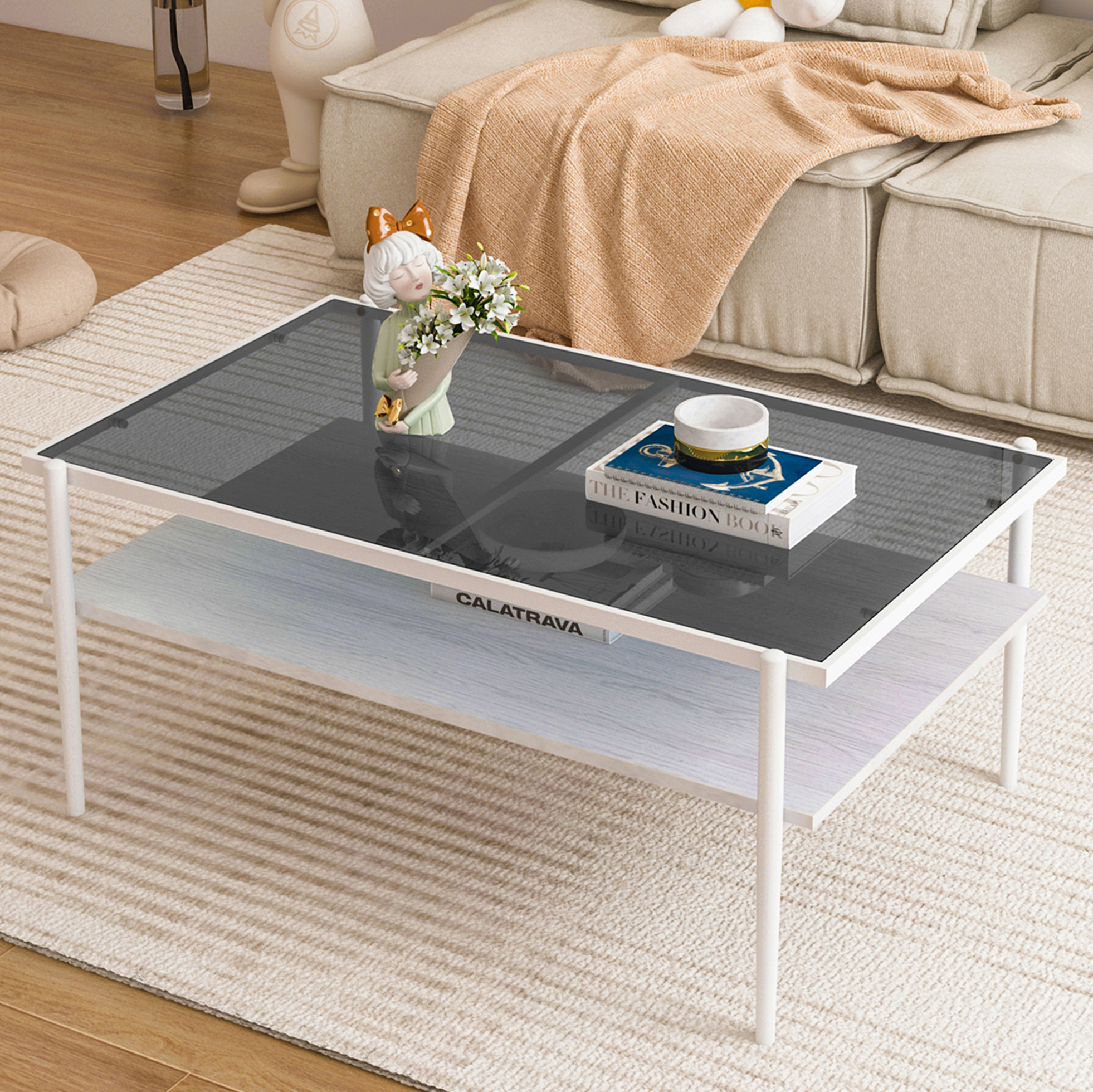 Table Basse Rectangulaire En Verre Trempé, Pieds En Métal, 97,5 X 61,5 X 45 Cm, Gris Et Blanc
