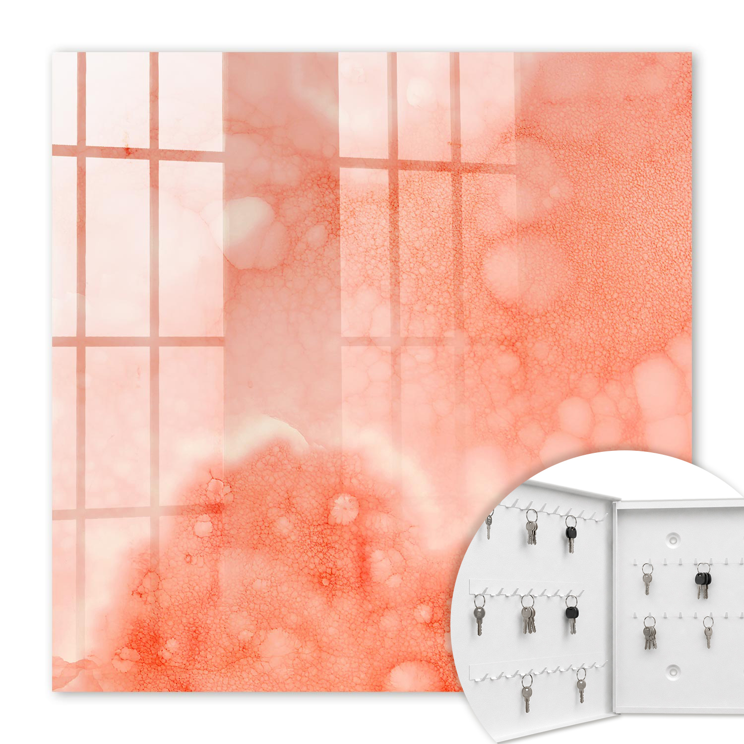 Armoire À Clés - (30 Cm X 30 Cm) - Boîte À Clés Murale - Coffret De Rangement Pour Clés - Couleur Blanche - Ouverture Vers La Gauche - Pour Maison Et Bureau - Abstraction Orange
